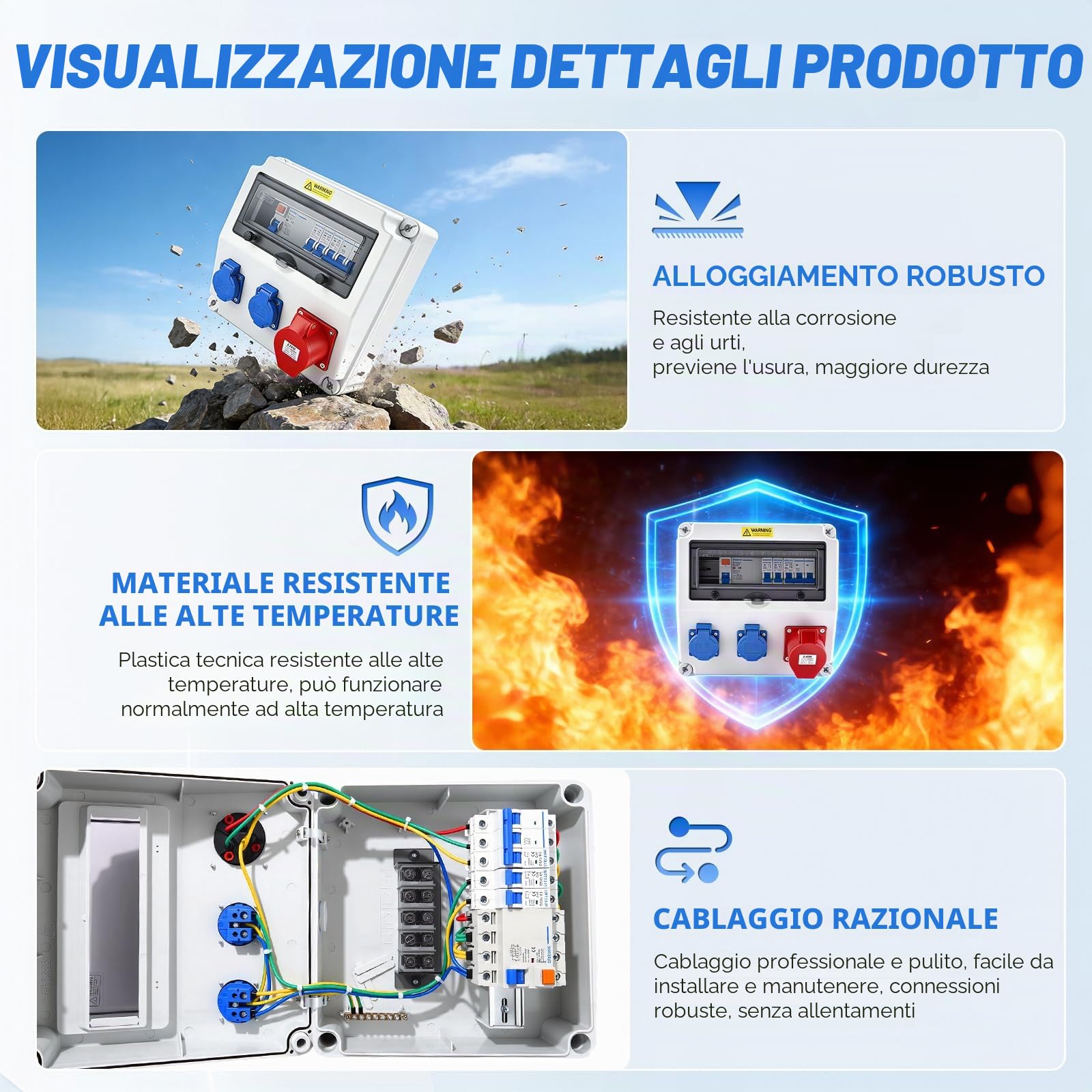 Scatola di Distribuzione a Parete con interruttore automatico e dispositivo di corrente residua, Impermeabile Quadro Elettrico da Cantiere con presa Schuko e presa CEE da 16 A