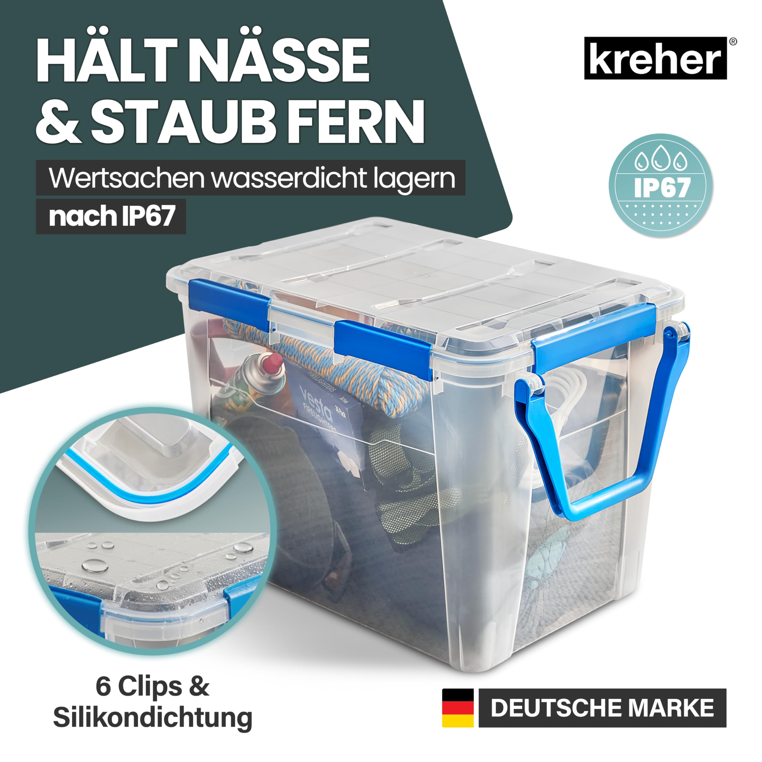 Kreher® Wasserdichte Aufbewahrungsbox Rollbox Transportbox (IP67) mit Deckel und Rollen. Aus robustem Kunststoff mit praktischen Transportgriff. 100 Liter Volumen. Staub- und Nässegschützt. (1)