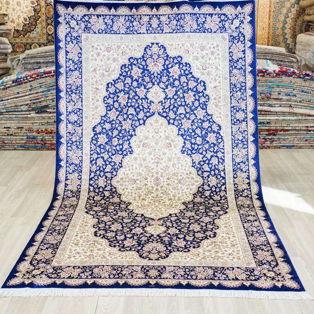Silk Carpet 5x8 Navy Hand Knotted Traditional Vintage Medallion Luxury Oriental Silk Area Rug for Living Room