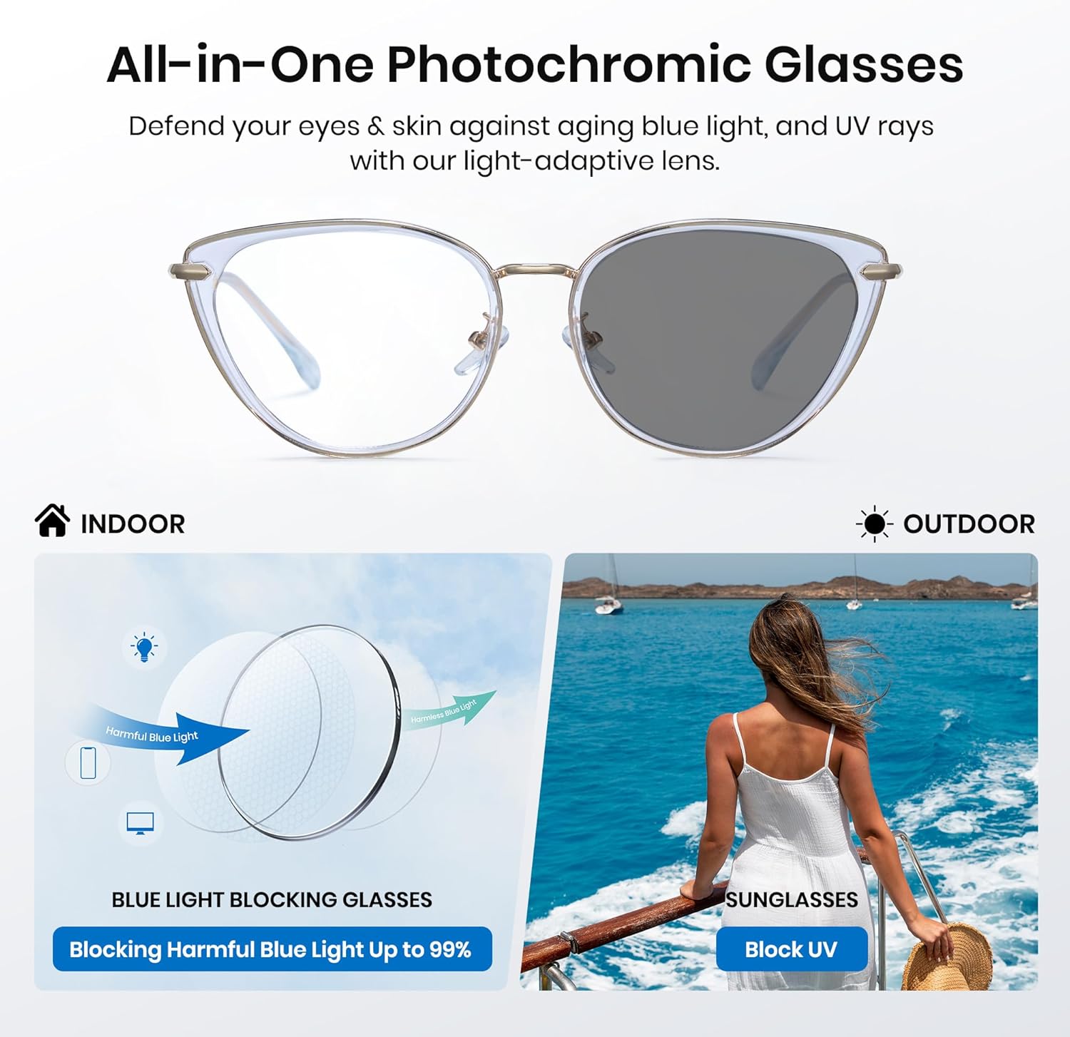 Cyxus Photochromic Glasses for Women UV Protection with Blue Light Blocking Trendy Cat Eye Frame 8281