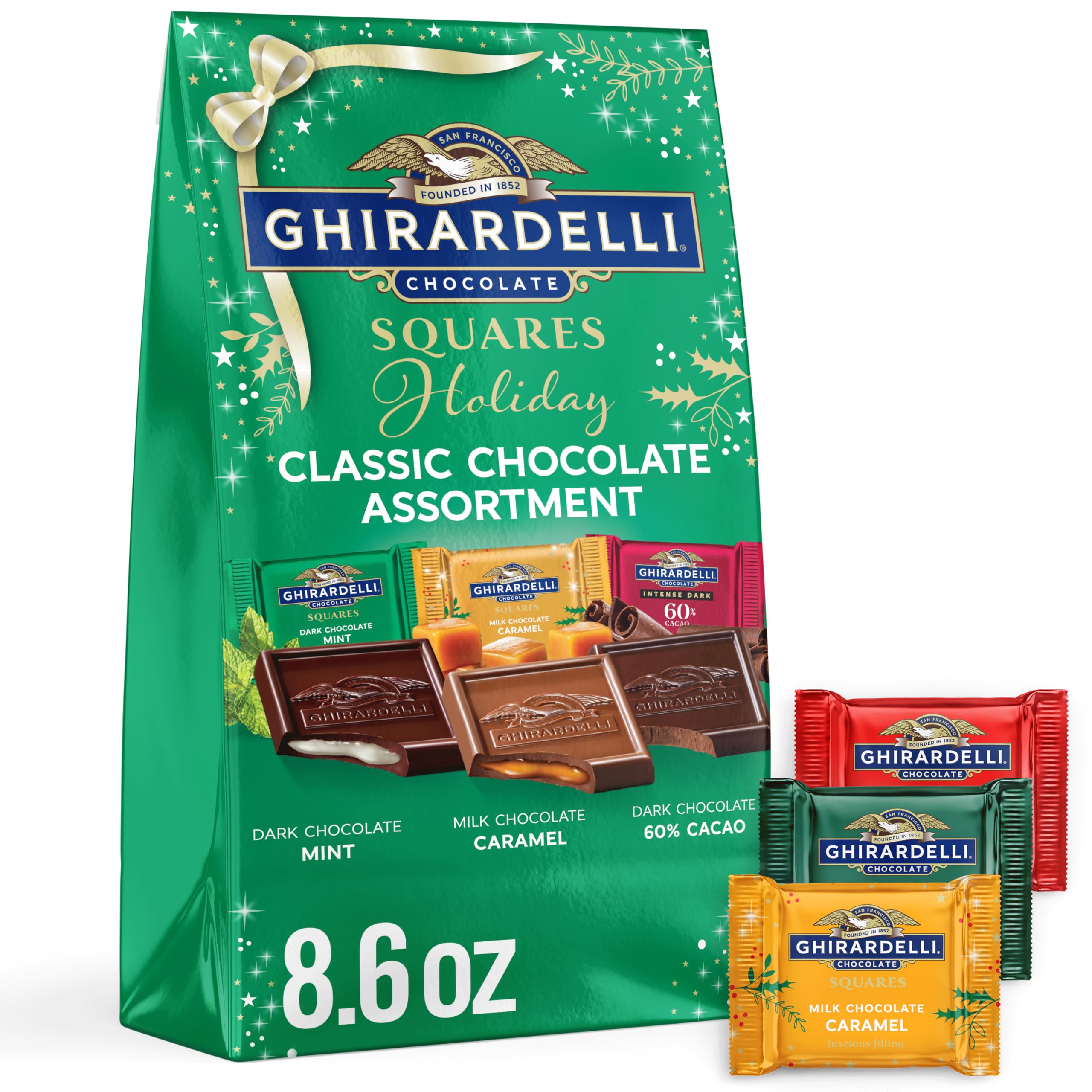 GHIRARDELLI Holiday Classic Chocolate Assortment SQUARES – Limited Edition Milk & Dark Chocolate Candy with Caramel and Mint Flavors, Individually Wrapped, 8.6 oz Bag
