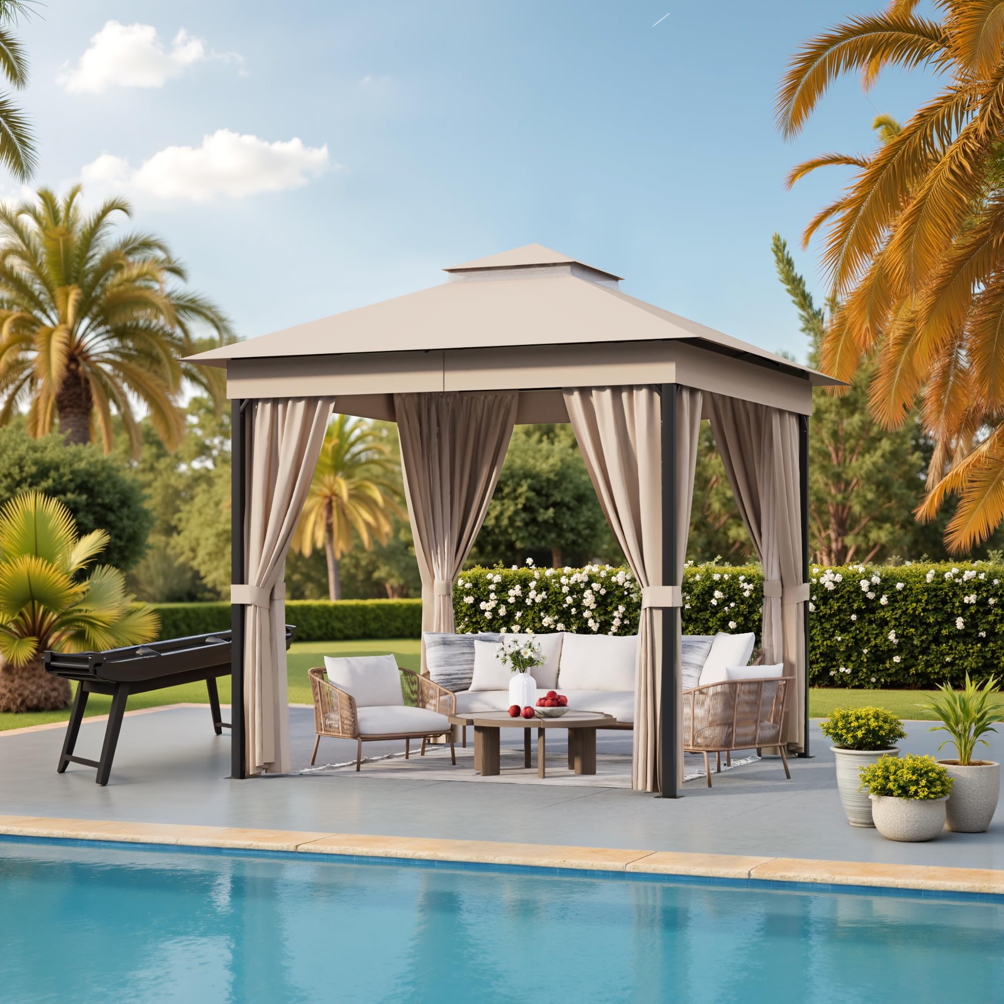 Devoko Outdoor Gazebo for Patio 8'x 8' Heavy Duty Metal Frame Canopy with Expansion Bolts & Double Roofs, Party Tent & Shelter with Mosquito Nettings