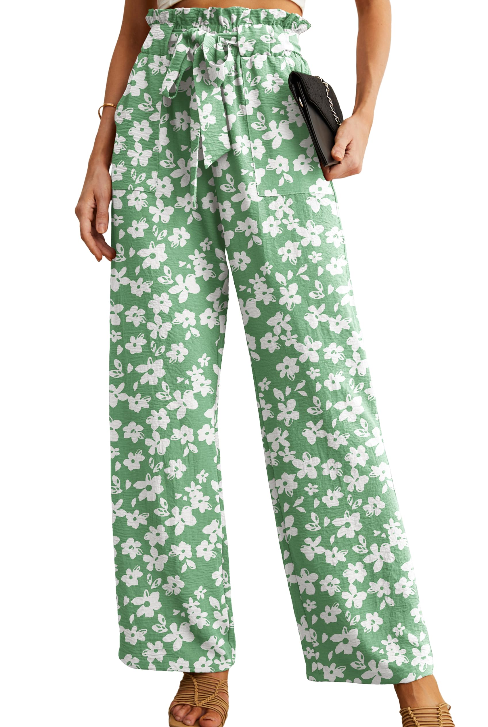 IWOLLENCE Women's Wide Leg Pants with Pockets High Waist Adjustable Knot Loose Casual Trousers Business Work Casual Pants