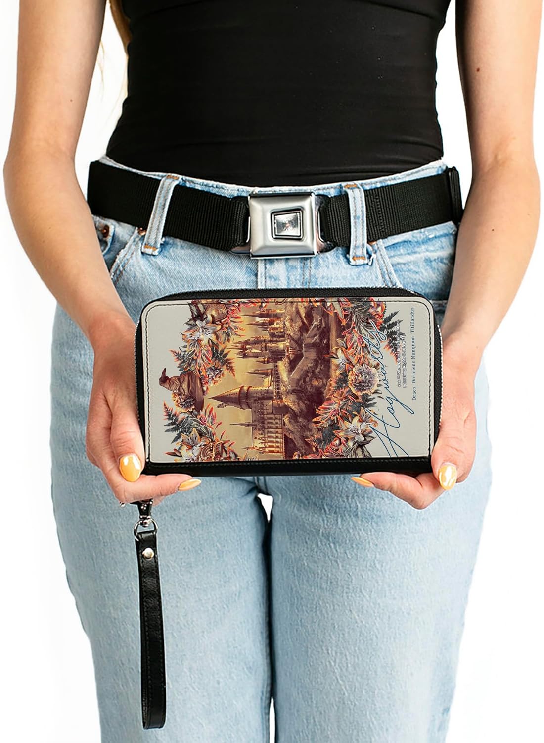 Womens PU Zip Around Wallet Rectangle Harry Potter Hogwarts Castle Floral Collage Gray - Image 3