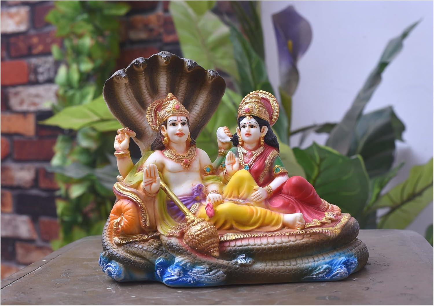 Zig Zag Lord Vishnu Laxmi Idol Vishnu Bhagvan Laxmi ji Sitting On SheshnagMurti Pooja Room, Home, Office, Diwali Gift (Multicolor, 8 Inches)
