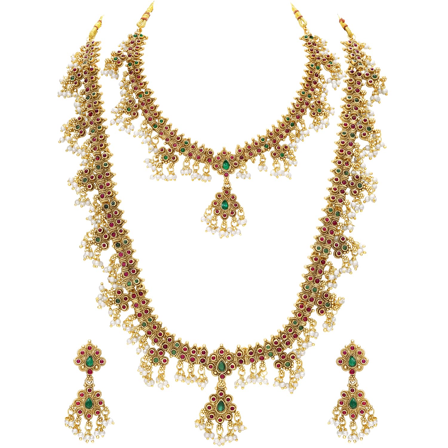 Gold Plated Faux Ruby Faux Emerald & Lariya Studded Traditional Long & Short Necklace Earrings Bridal Jewellery Set Gift for Women-image-4