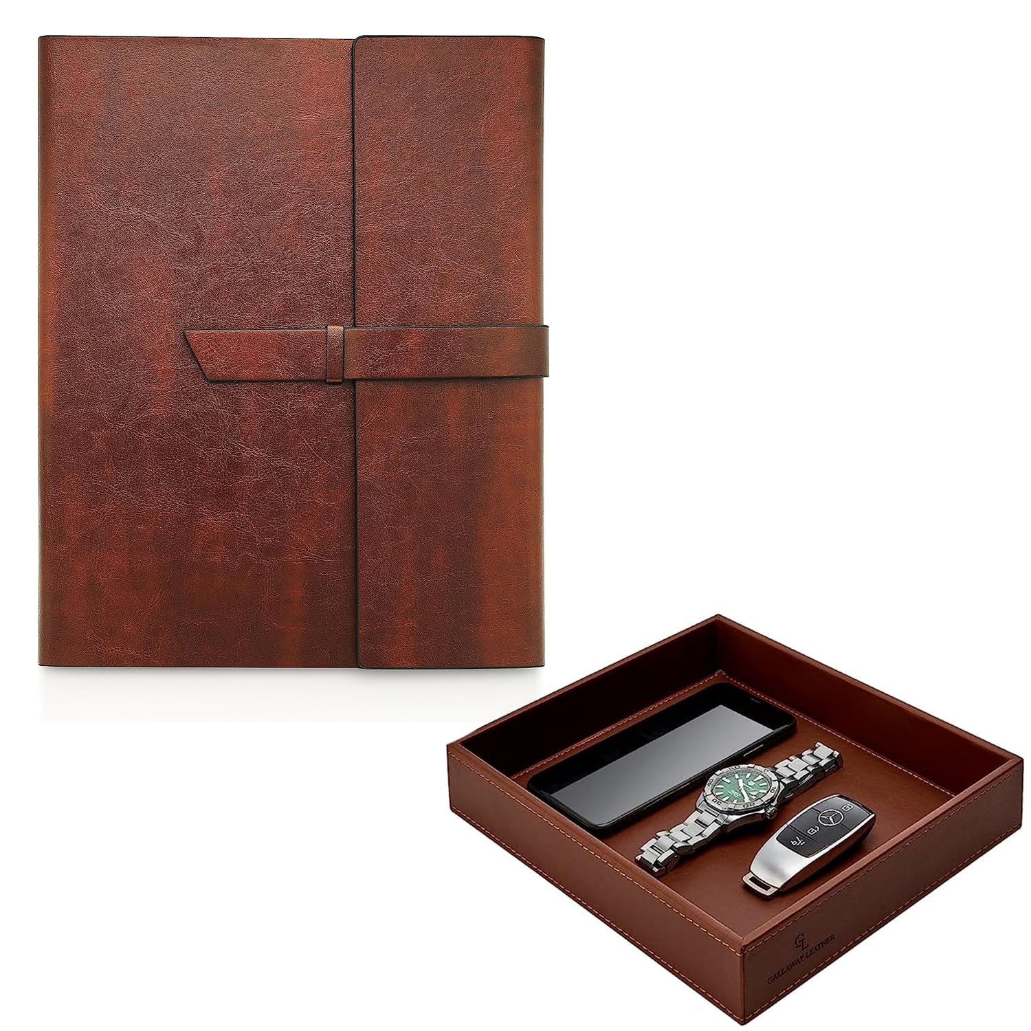 GALLAWAY LEATHER Padfolio, and Valet Tray Bundle Brown