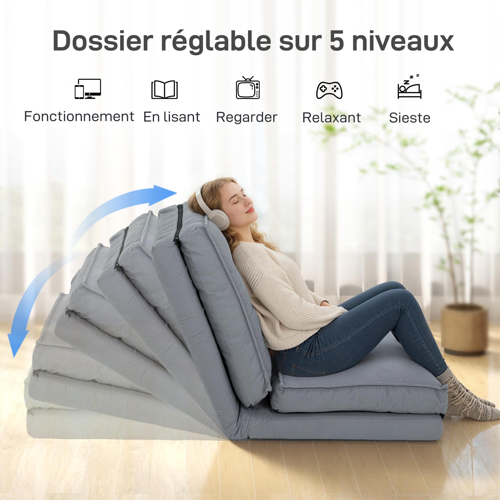 HOMCOM Sillón plegable de pana con colchón suave, respaldo ajustable en 5 posiciones, sofá cama acolchado para salón, oficina, dormitorio, 59 x 230 x 15 cm, color gris