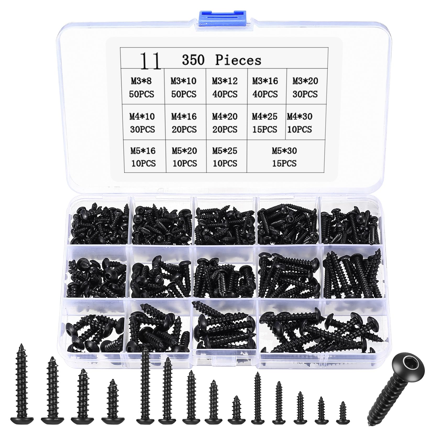 350 Pcs Black Self Tapping Screws Set, M3 M4 M5 Hex Socket Pan Head Wood Screws Assortment, Round Head Self-tapping Screw Set for Masonry Decking Furniture Fixing