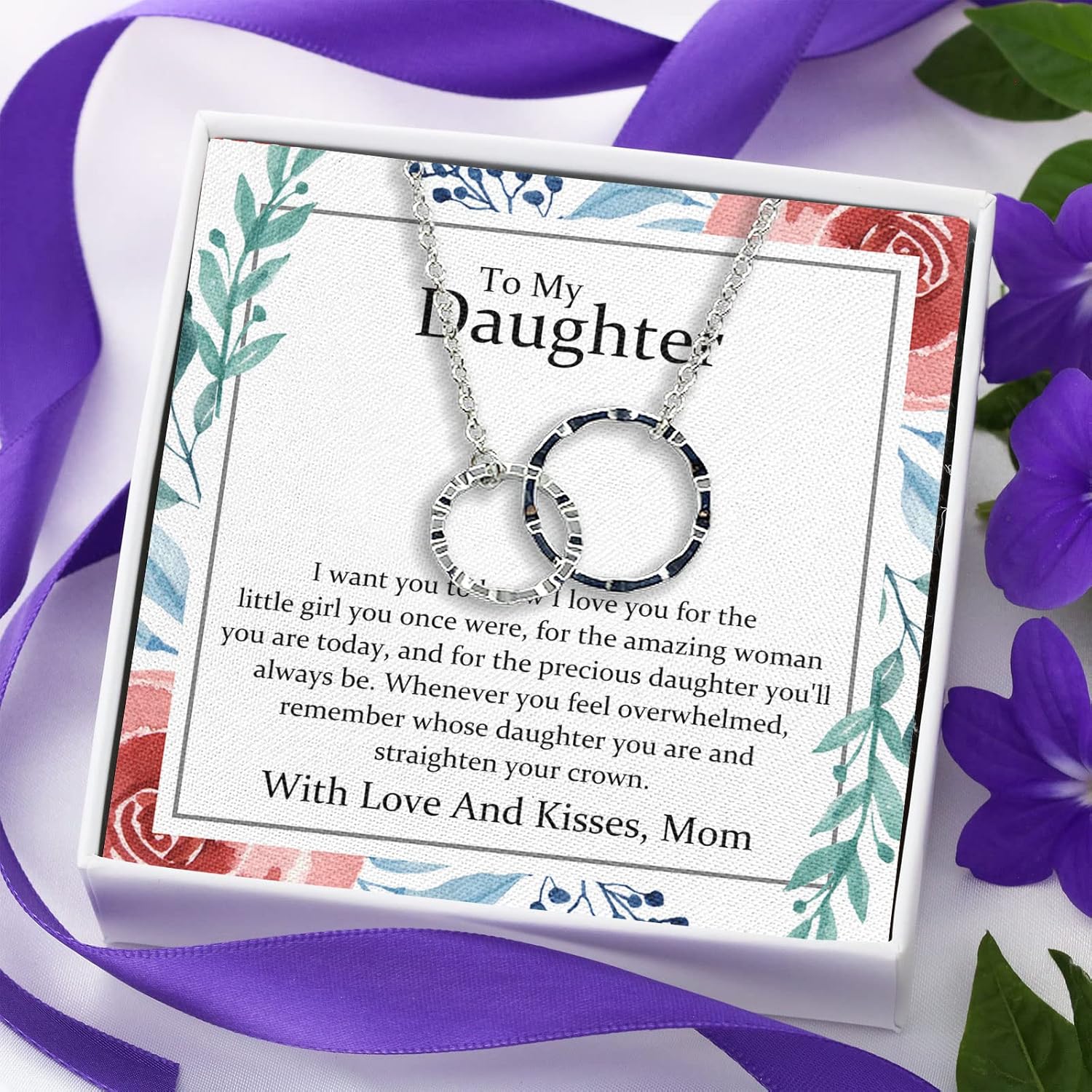 Bubble Hugs Daughter Necklace Silver Plated Interlocking Rings - to My Daughter - I Love You for Teen Girls Child from Mom Mother Mommy Relationship