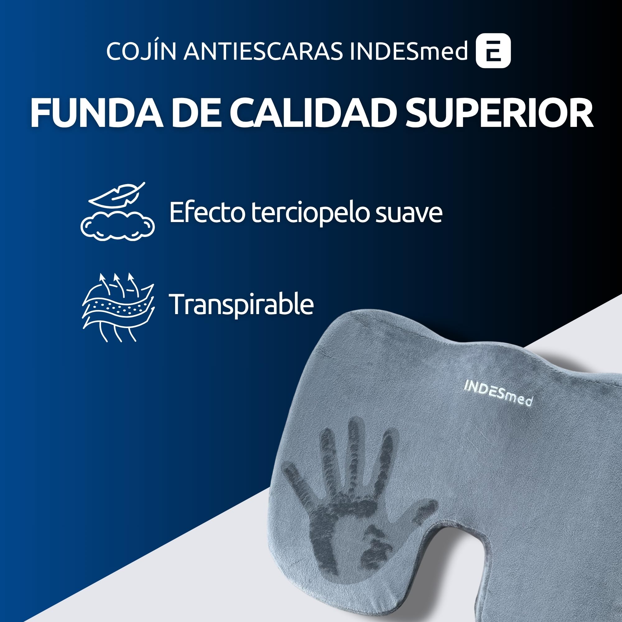 INDESMED Cojín Antiescaras Gel + Viscoelástico de Alta Densidad Premium Memory Foam | Funda Terciopelo Lavable con Antideslizante-Ergonómico, para Oficina, Hogar, Silla de Ruedas, Coche | 45x35x7cm