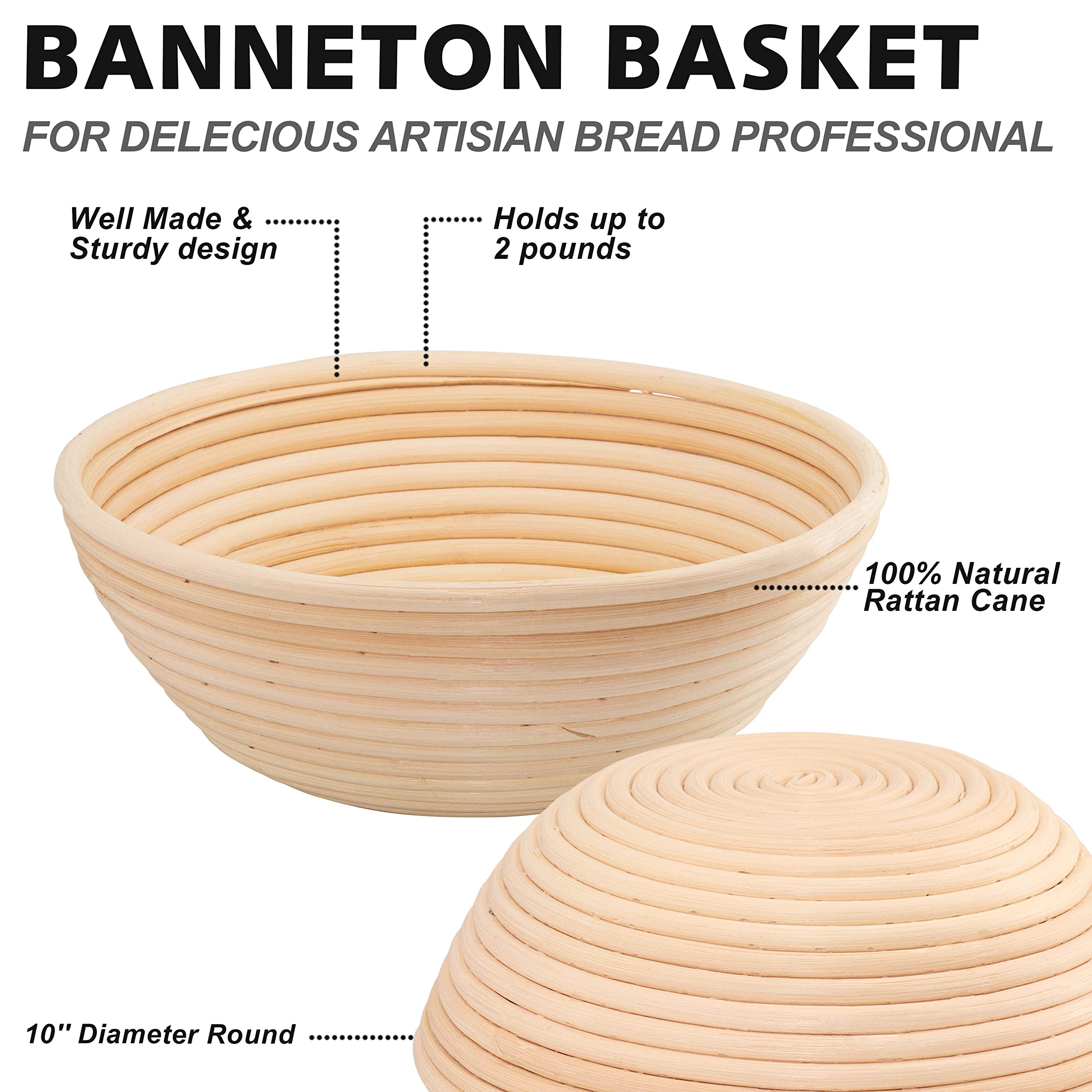 Banneton Pain Lot 2 Paniers - 25,4 Cm - Naturel Rotin Avec Accessoires