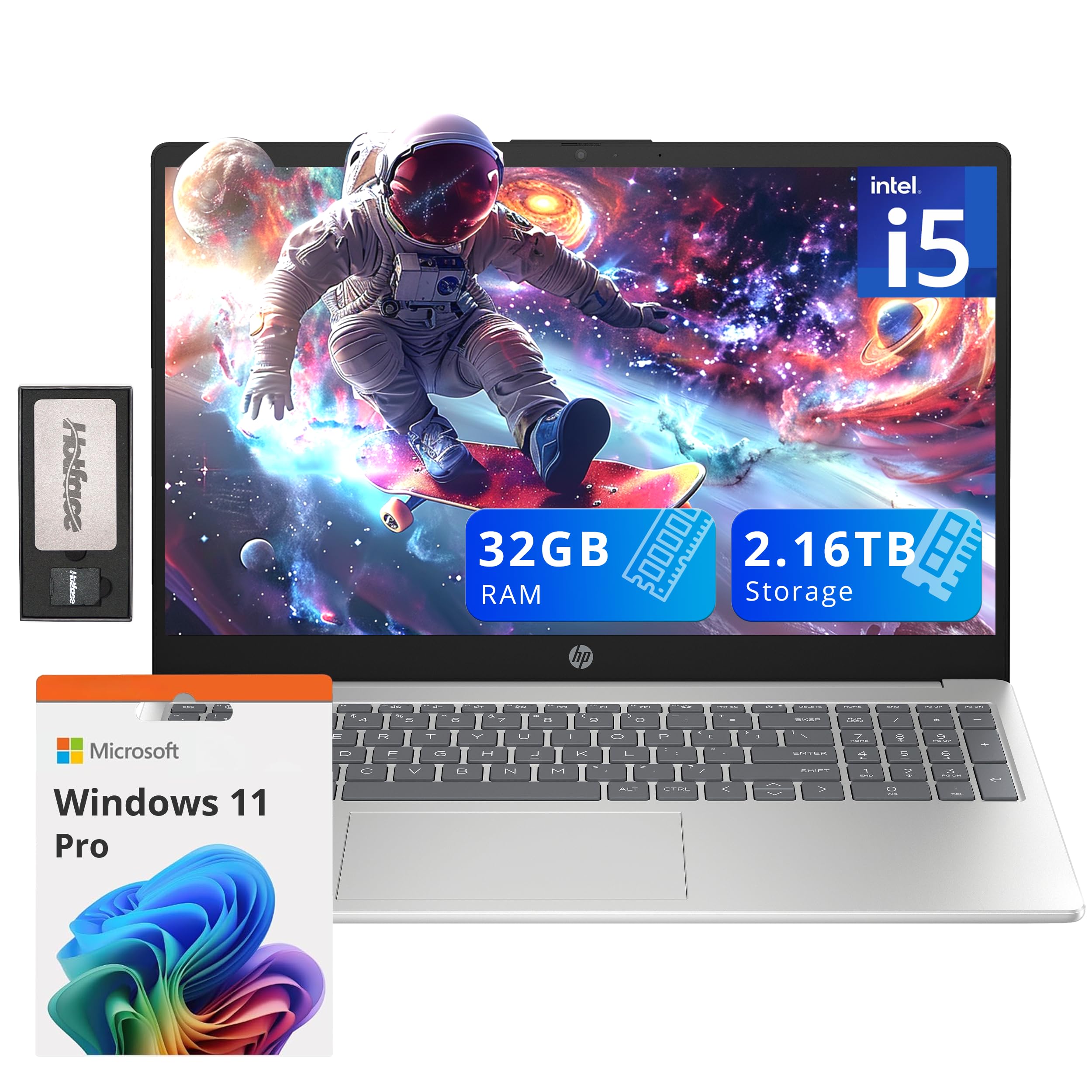 HP 15.6" FHD IPS Anti-Glare Laptop, Intel i5-1235U, 32GB RAM, 2.16TB Storage(2TB SSD + 160GB Docking Station Set), Intel Iris Xe Graphics, Numeric Keypad, HD Webcam, Wi-Fi 6, Windows 11 Pro, Silver