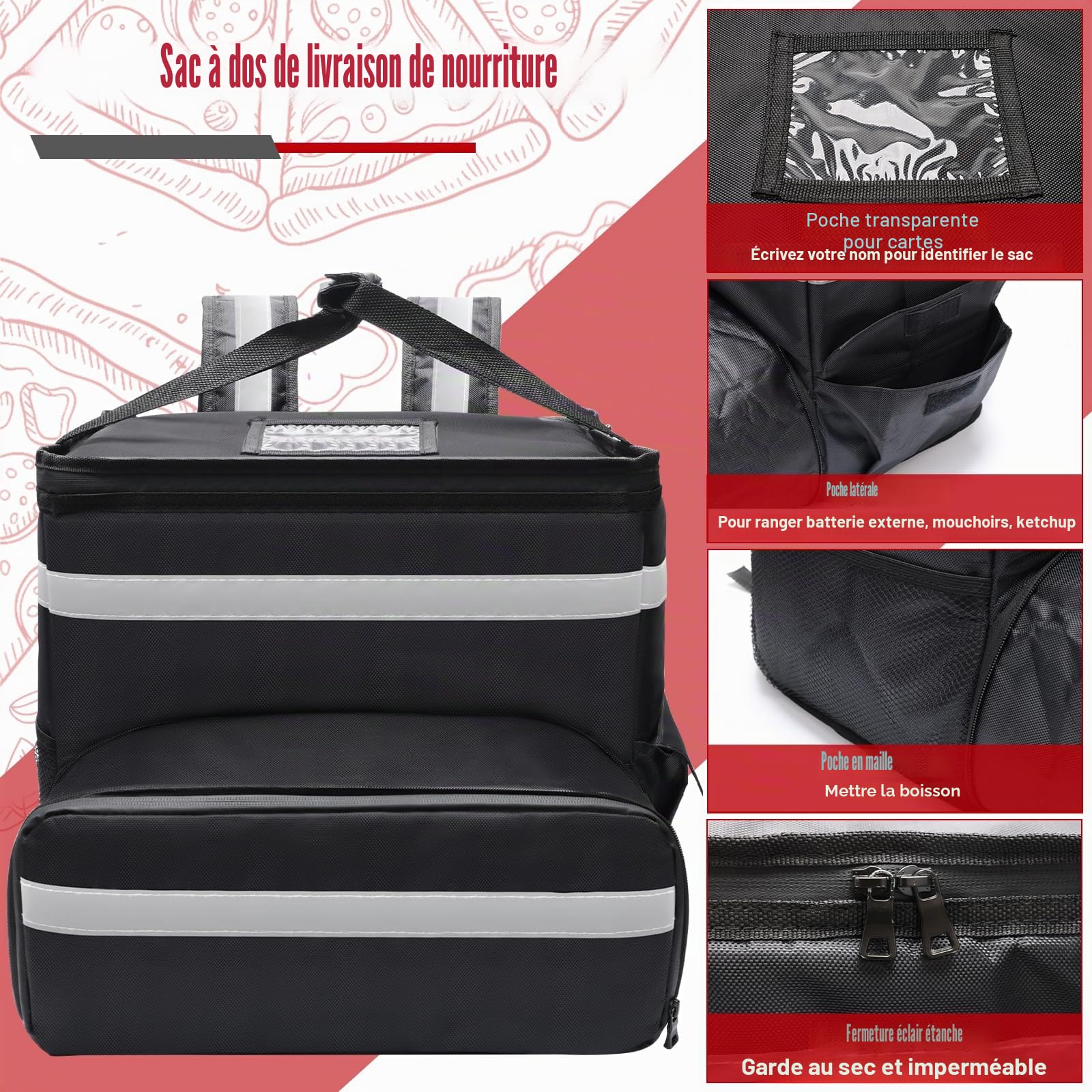 Windspeed Sac à dos extensible pour livraison de nourriture et de pizza vélo, avec 2 planches de soutien/bande réfléchissante, sacs isothermes pour pizza, Noir
