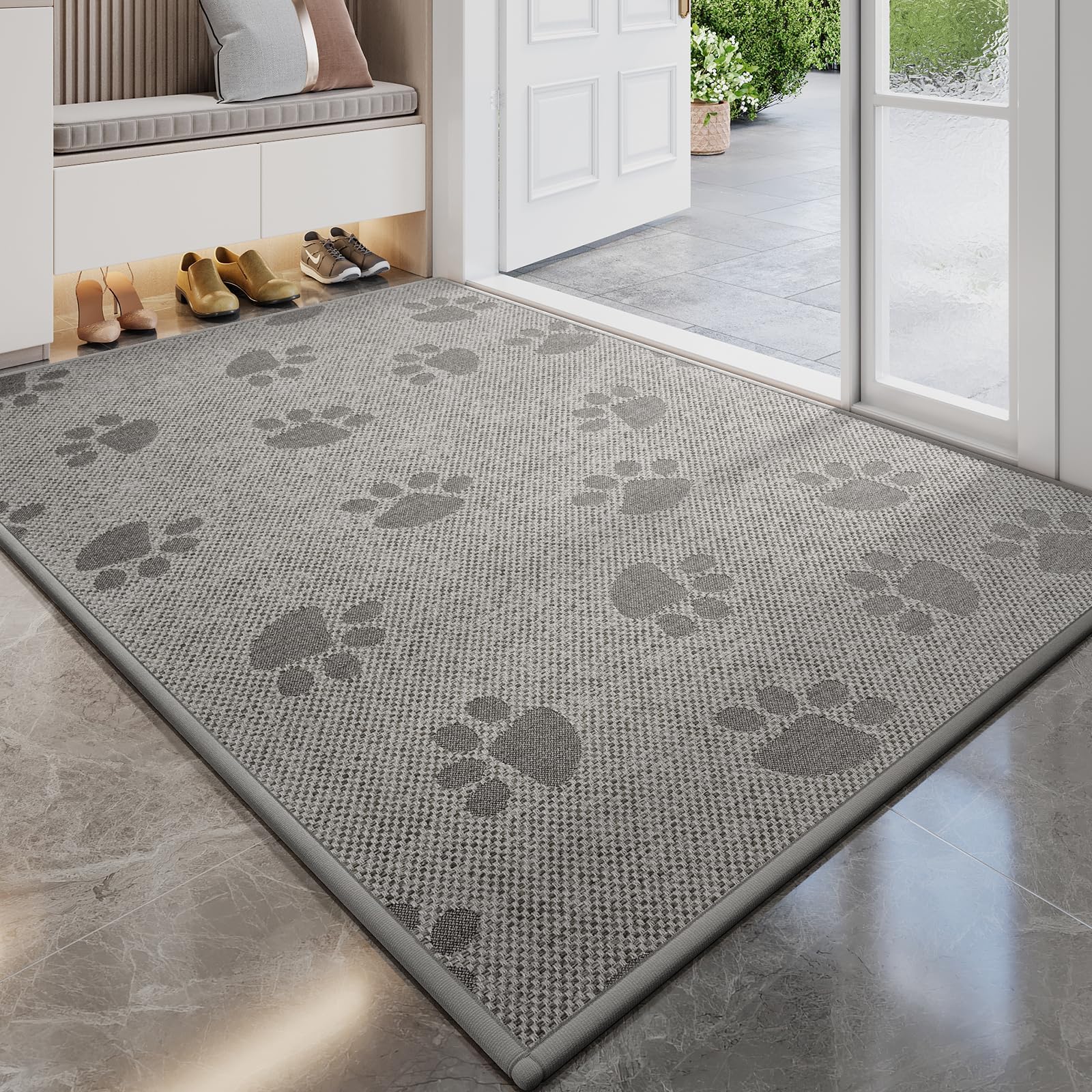 YDKGL Door Mat Indoor Entrance 31"x47", 0.16" Thin Paw Print Low Pile Doormat, Non Slip Welcome Mat, Trap Dirt and Moisture, Easy Clean, Gray