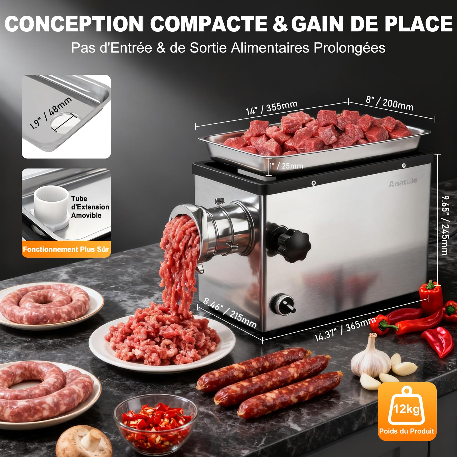 Anatole Hachoir a Viande Électrique Professionnel 950W Acier Inoxydable Farce à Saucisses Multifonctions avec 6/8/10mm/3-Trous Plaque 2 Lames de Broyage 1 Remplisseur de Saucisses 220V
