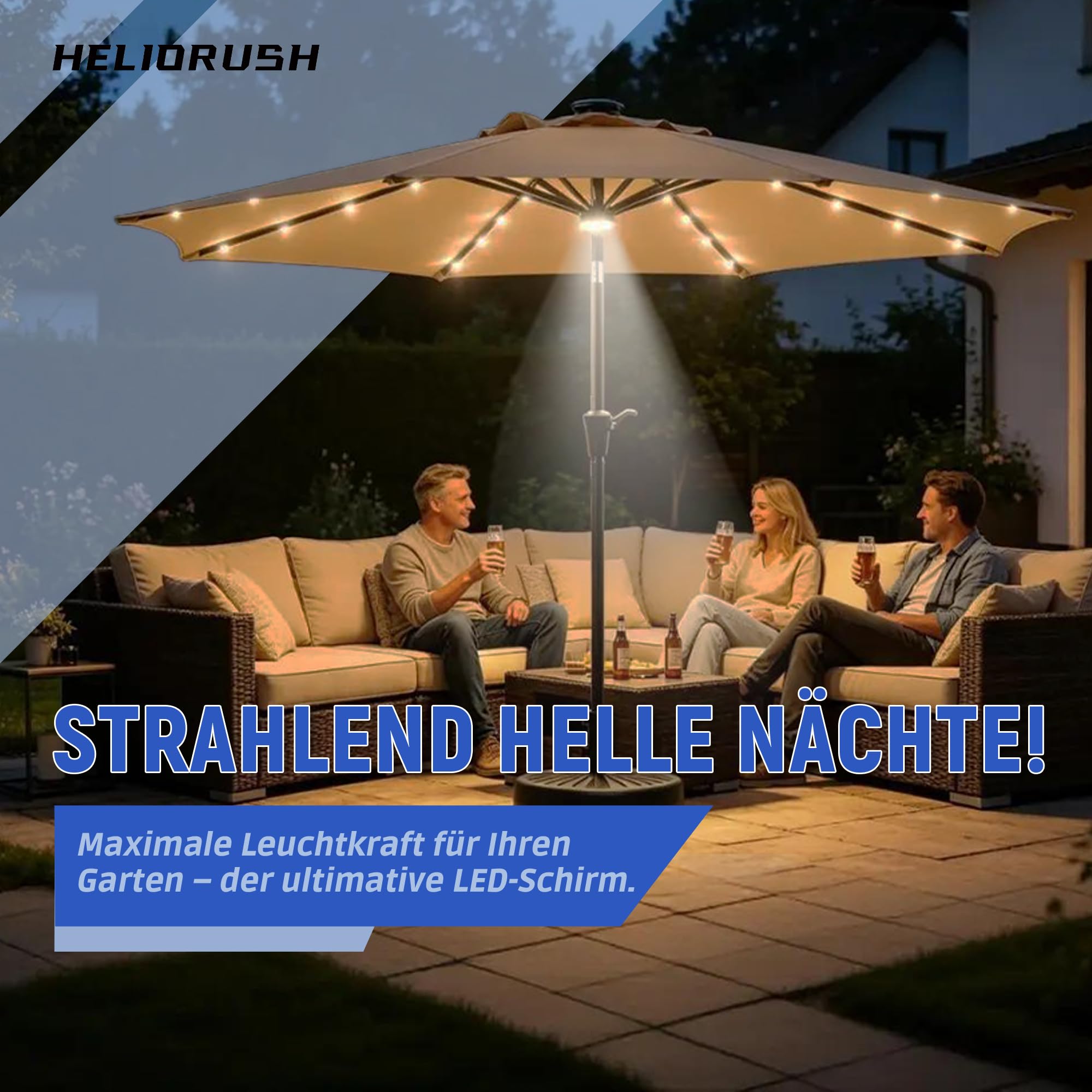 Sonnenschirm 300 cm mit LED Solar Beleuchtung, 8 Robuste Struts Terrassenschirm Knickbar, 7-Farben RGB Modus Gartenschirm mit Kurbel, UPF 50+ Wasserdicht für Balkon Pool