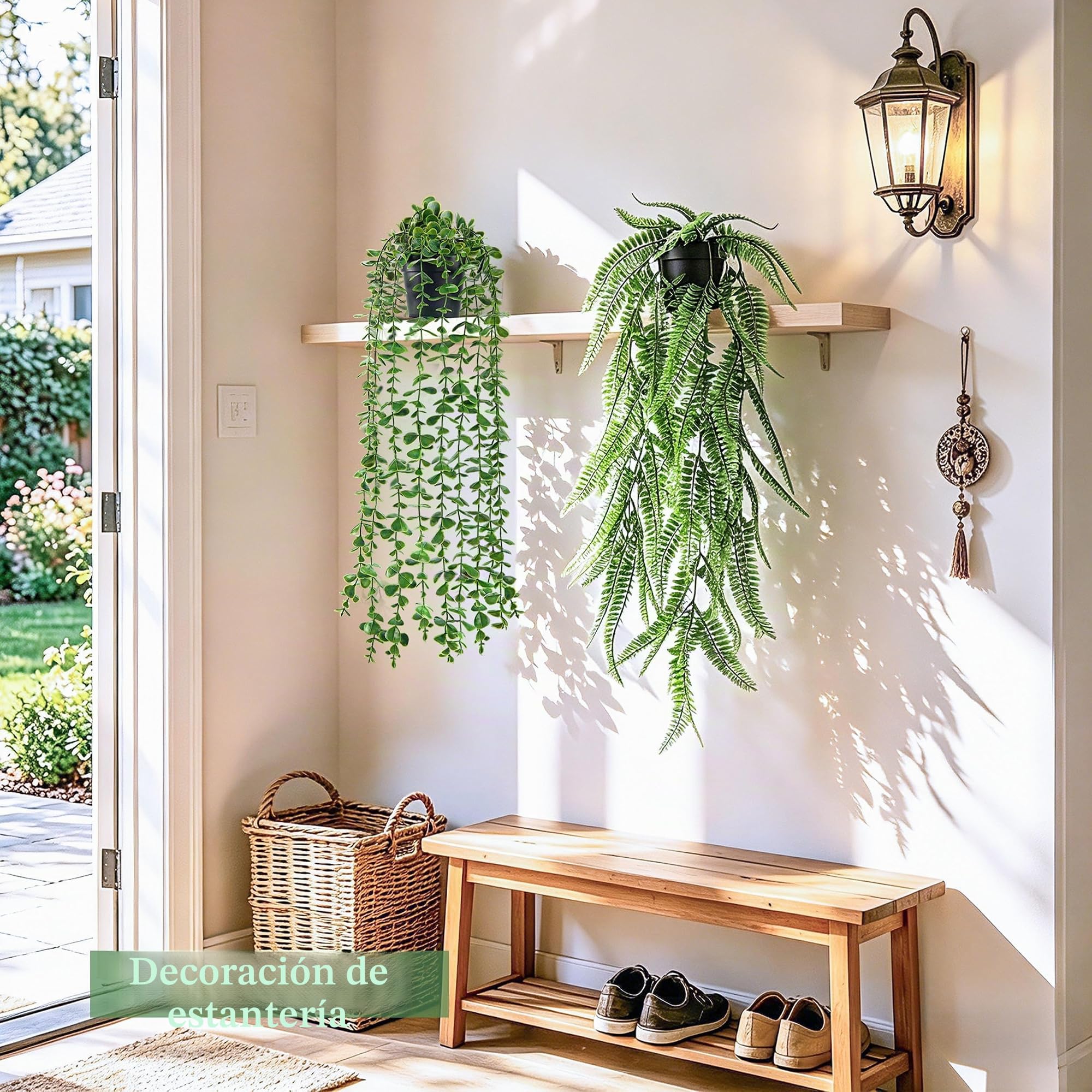 Der Rose 4 piezas de plantas artificiales colgantes, vid de hiedra falsa, eucalipto artificial, helecho Boston, cadena de perlas para la estética de la sala de estar, dormitorio, cocina, decoración de