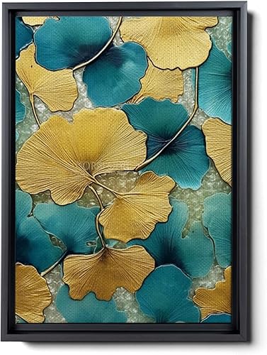 Gold Turquoise Ginkgo Leaf Print, Captivating Plants Wall Art, Ginkgo Biloba Leaf Print Painting, Embrace the Serenity of Nature