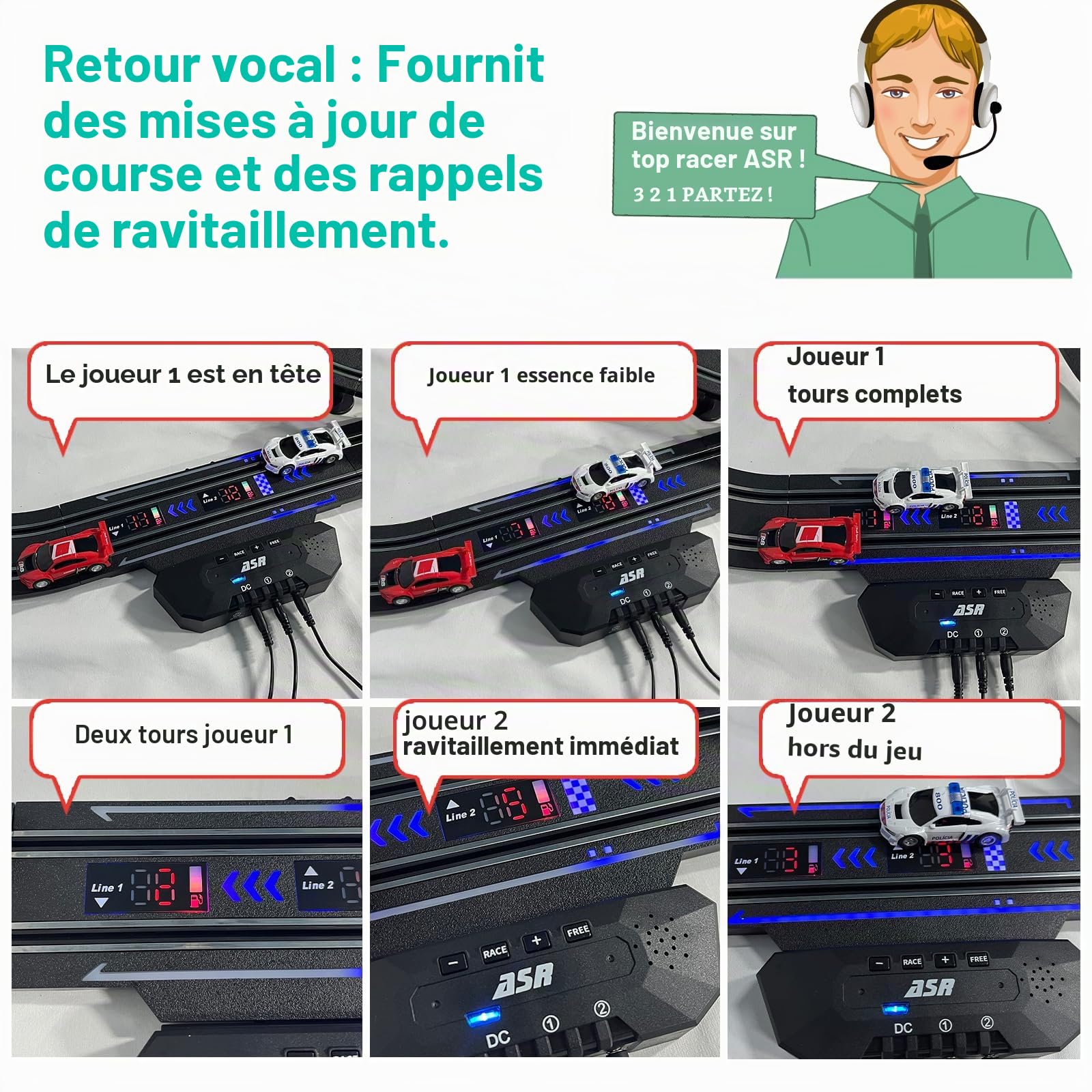 Set de Course de Voitures Slot avec Affichage des Tours à LED, Retour Vocal, 4 Voitures sous Licence, Piste de 13,5 m (44 Pieds), alimenté électriquement ou par Batterie pour Enfants et Adultes