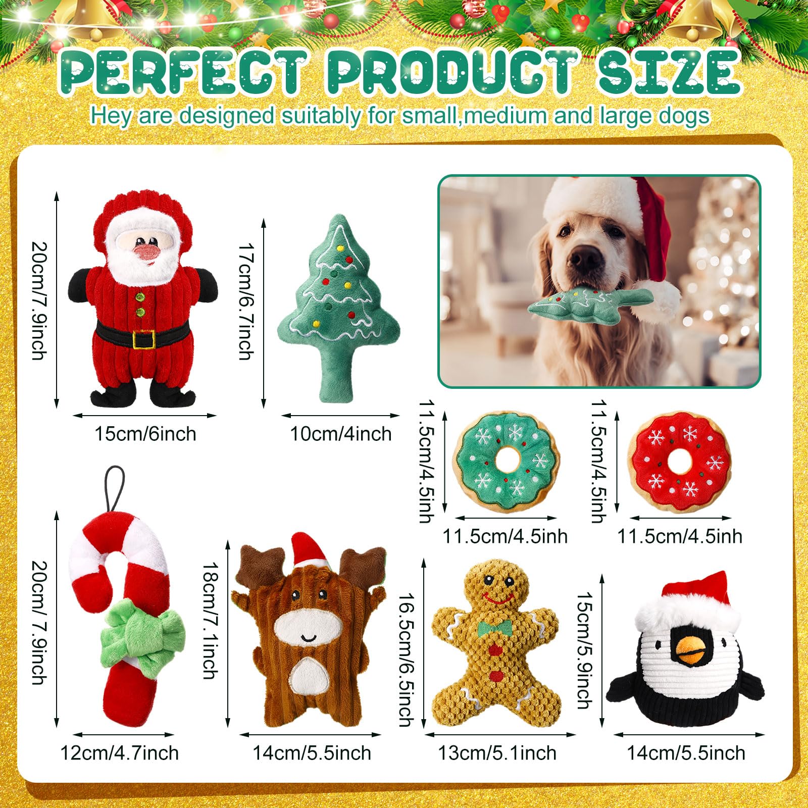 Lot de 8 jouets de Noël pour chien - Jouets couineurs interactifs en peluche avec couineur pour chiens de petite, moyenne et grande taille - Nettoyage des dents
