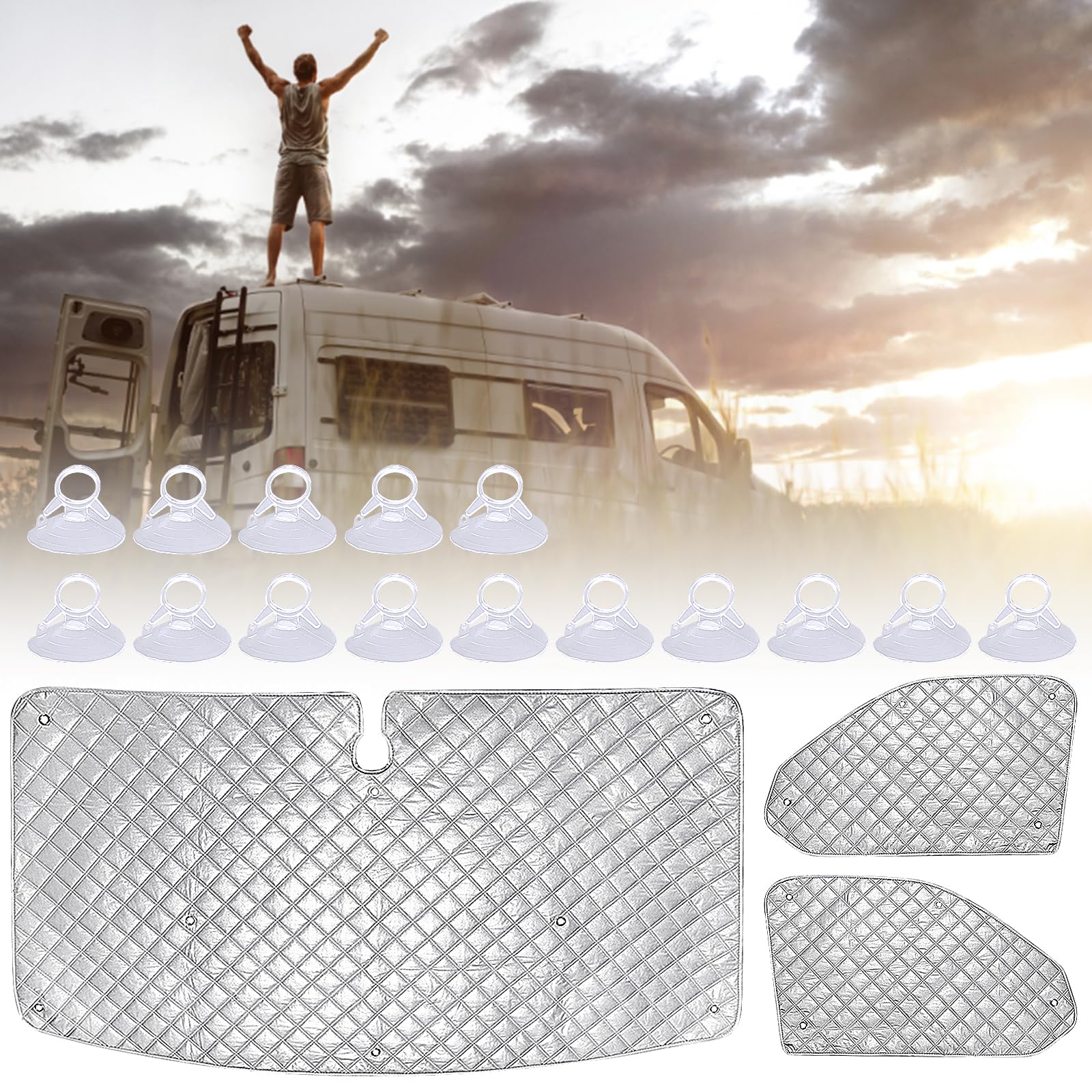 Sonnenschutz Auto Frontscheibe, Wasserdicht UV-Proof Windschutzscheibe Sonnenschutz Kompatibel mit VW T5 T6, 3PCS Thermomatte Fahrerhaus mit Aufbewahrungsbeutel Saugnapf