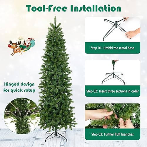 Miniatura 5 de Goplus Árbol de Navidad preiluminado de 6 pies, árbol delgado artificial con bisagras con 648 puntas de ramas de polietileno de PVC, 270 luces LED,