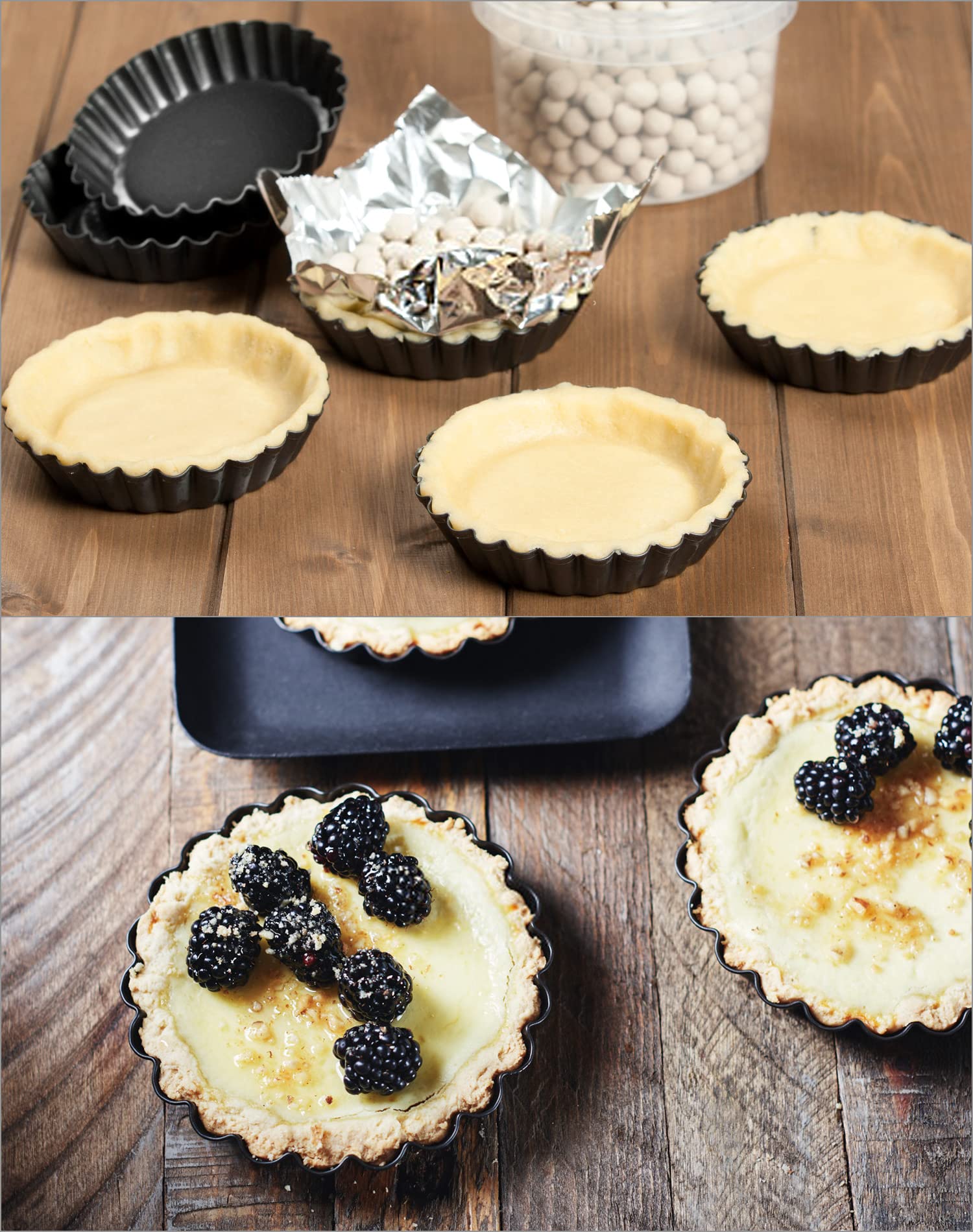 QWORK® 10-częściowa forma do tart Ø10cm z podnoszoną podstawą, foremki na mini tartaletki, forma do quiche wykonana ze stali węglowej dopuszczonej do kontaktu z żywnością z powłoką nieprzywierającą