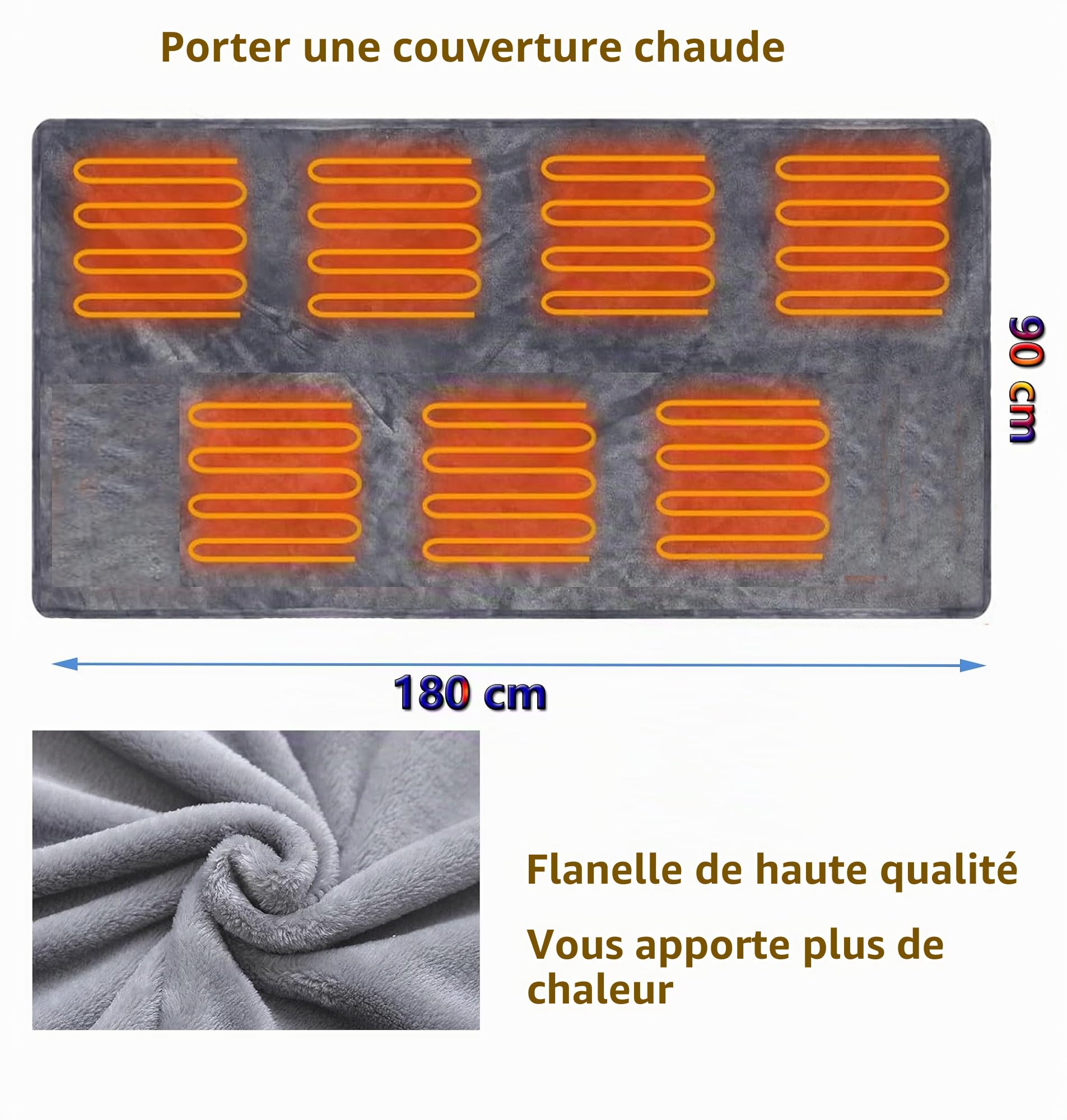 Couverture chauffante sans fil avec batterie 180 x 90 cm, couverture chauffante électrique avec batterie et 3 niveaux de chauffage, couverture chauffante en flanelle lavable, double face