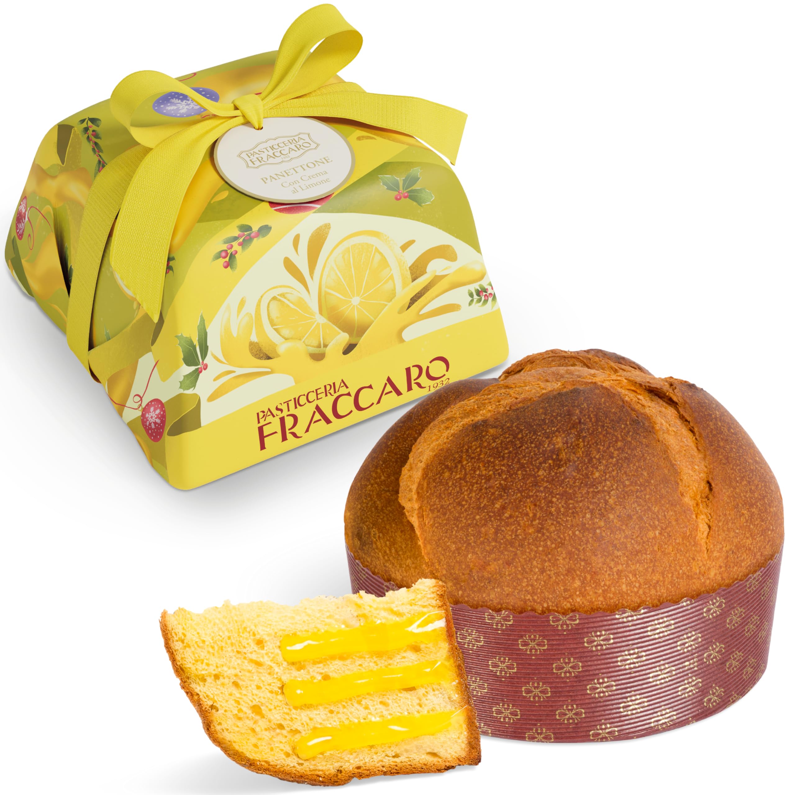 Handwerklicher Panettone gefüllt mit Limoncello-Creme (750 g), Pasticceria Fraccaro 1932 – ohne kandierte Früchte und Rosinen, mit Mutterhefe, handwerklich verpackt – Weihnachtsdessert Made in Italy