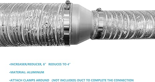 Miniatura 6 de Tech Drive Aumentador y reductor de conductos, adaptador en línea de 4" a 3" para sistemas de ventilación de HVAC y escape, hecho de aluminio