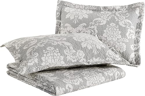 Miniatura 5 de Laura Ashley Juego de edredón reversible de algodón con fundas a juego, decoración ligera del hogar, ideal para todas las estaciones, Queen, gris