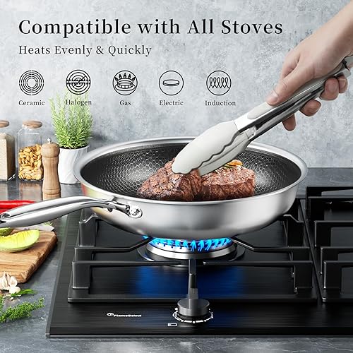 Miniatura 4 de Innerwell Juego de 2 sartenes de acero inoxidable de tres capas con tapa, 9.5 pulgadas y 11 pulgadas, antiadherentes de panal, de acero inoxidable,