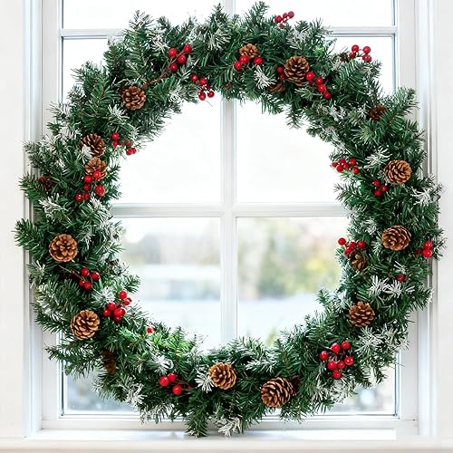 Miniatura 8 de Guirnalda de Navidad con luces, guirnalda de Navidad flocada de nieve de 9 pies para manto, guirnaldas preiluminadas al aire libre con bayas rojas y