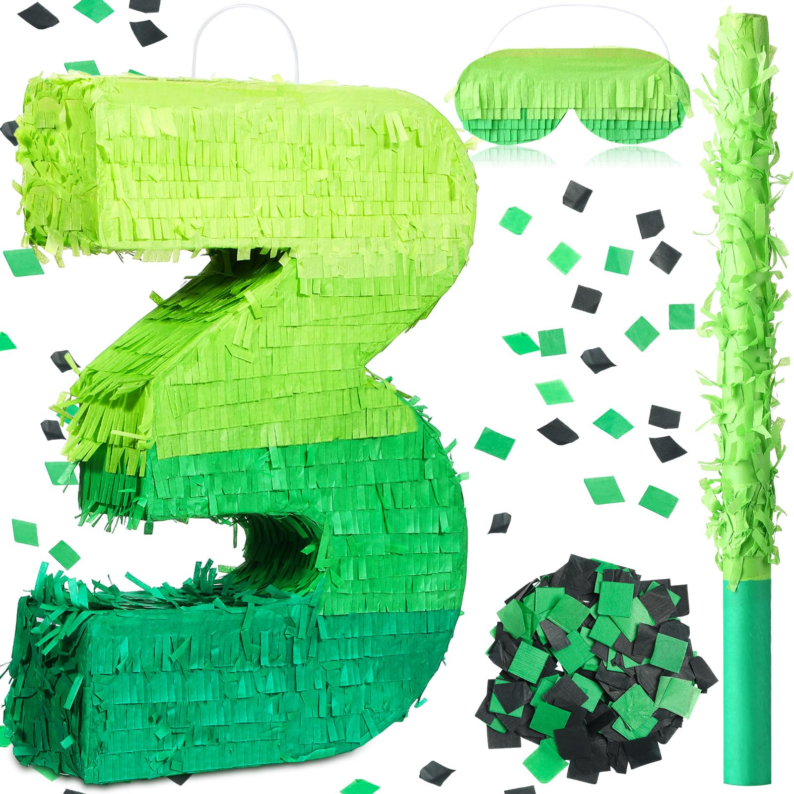 WinnerWhy Number Piñata Decorations 16 Inch Gradient Green Piñata with Blindfold Stick and Confetti for Birthday Baby Shower Safari Jungle Themed