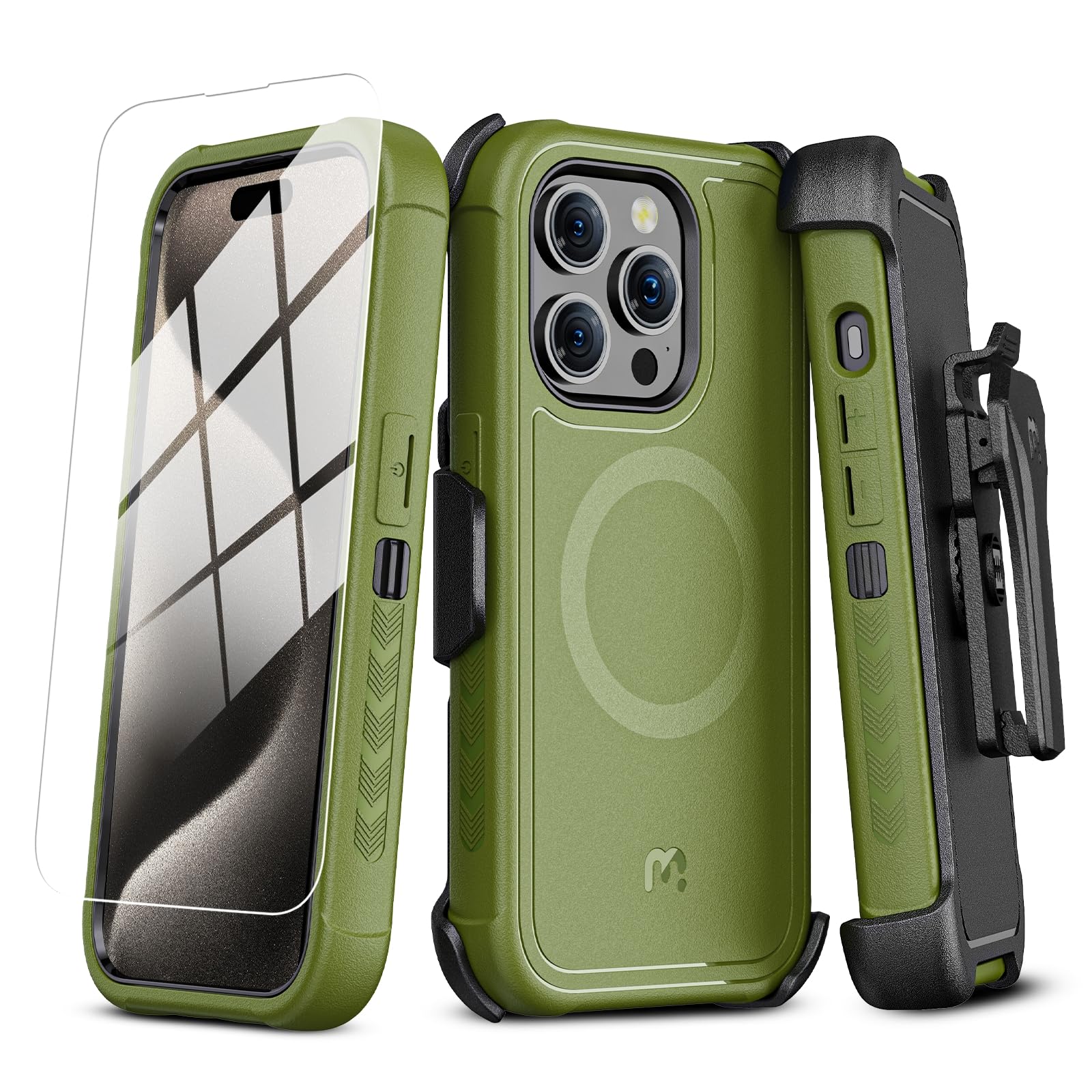 MYBAT PRO Maverick Series iPhone 15 Pro Case with Belt Clip Holster,[Compatible with Magsafe] w/Screen Protector,Anti-Drop,Shockproof,with 360°Rotating Kickstand,Heavy Duty Protection Army Green