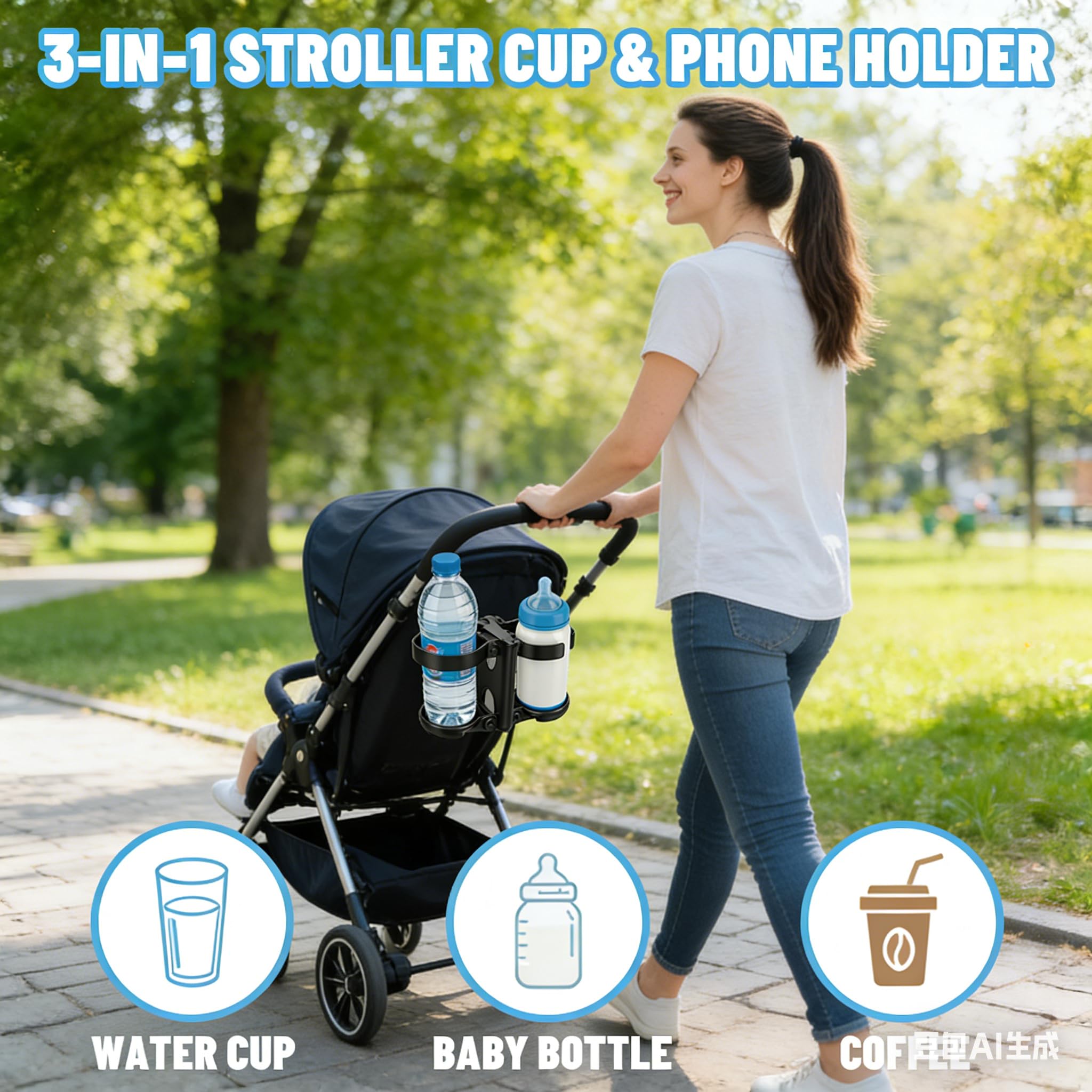 Soporte para bebidas 3 en 1, accesorios para cochecitos - Portavasos plegable con soporte para teléfono móvil, portabotellas universal para ABC Design Cybex, Bugaboo, bicicleta y silla de ruedas