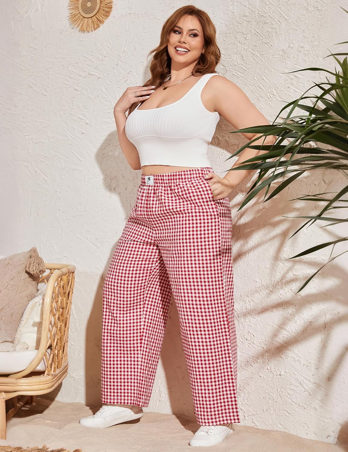 FOREYOND Plus Size Wide Leg Boxer Pants Womens Plaid Pajama Pants Y2K Gingham Lounge Pants Cute PJ Bottoms 1XL-6XL - Image 2