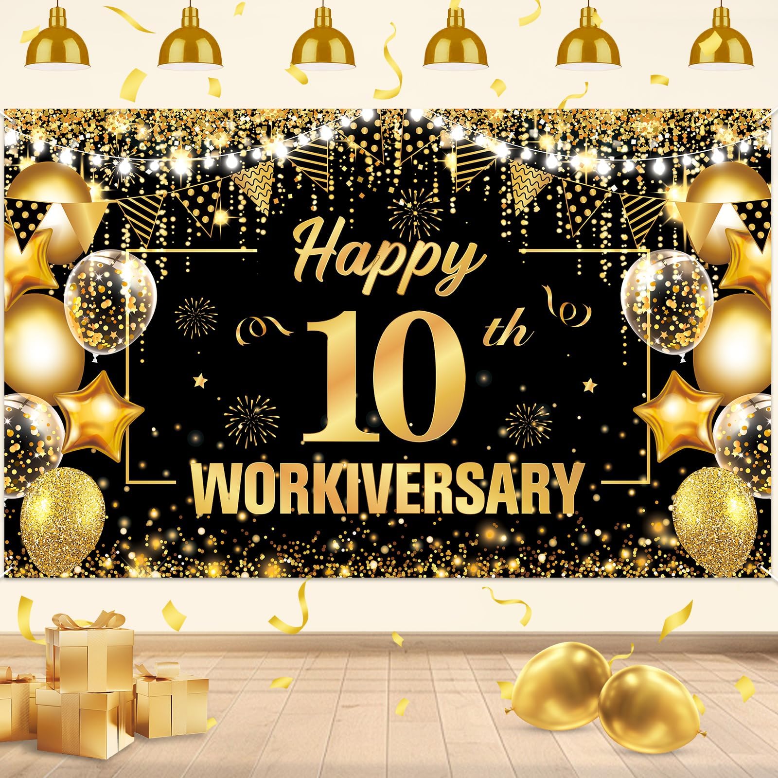 10 Year Work Anniversary Decorations Happy 10th Workiversary Banner Black Gold Happy 10th Workiversary Backdrop Employee Appreciation 10 Year Work Anniversary Decor for Employee Boss