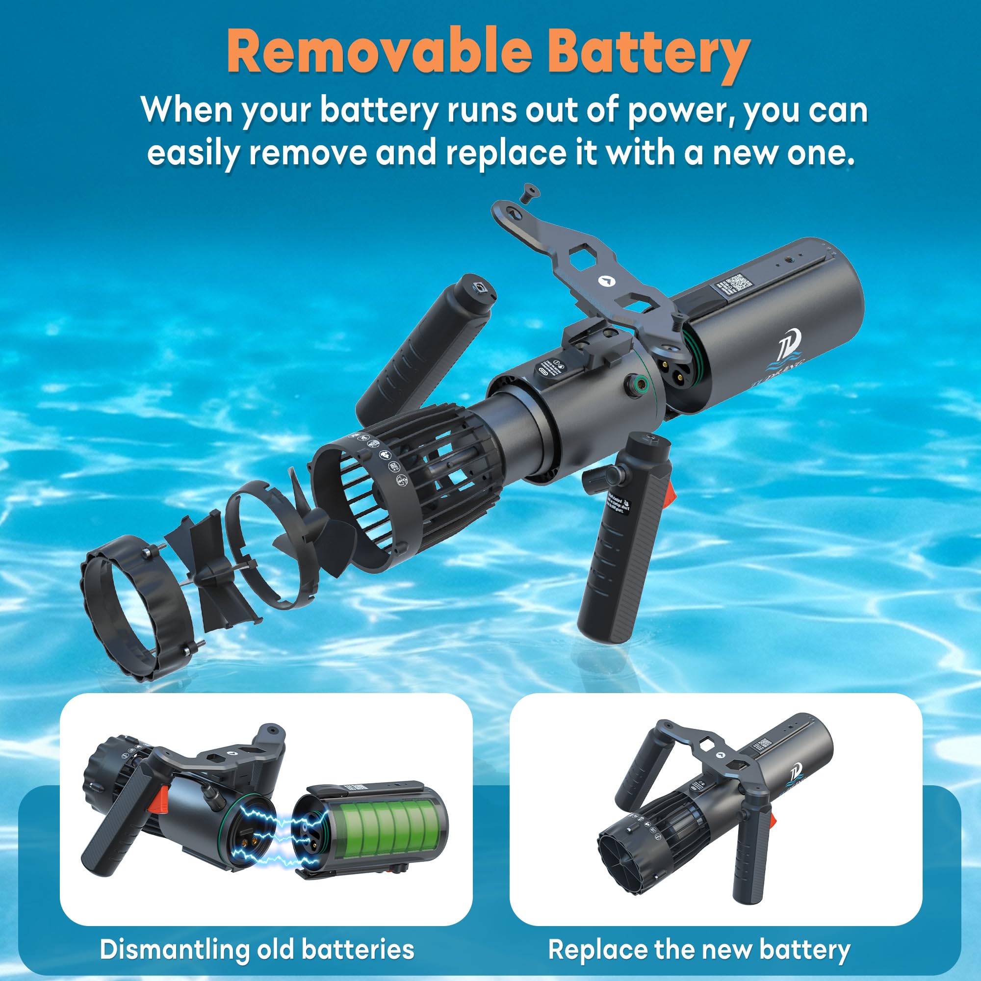 TUDIVING Verbesserter Unterwasserantrieb | 1 Stunde Akkulaufzeit | abnehmbarer Akku | IPX8 wasserdicht | wasserdicht bis 60 m | Unterwasser-Scooter mit Action-Kamera-Halterung für Wassersport