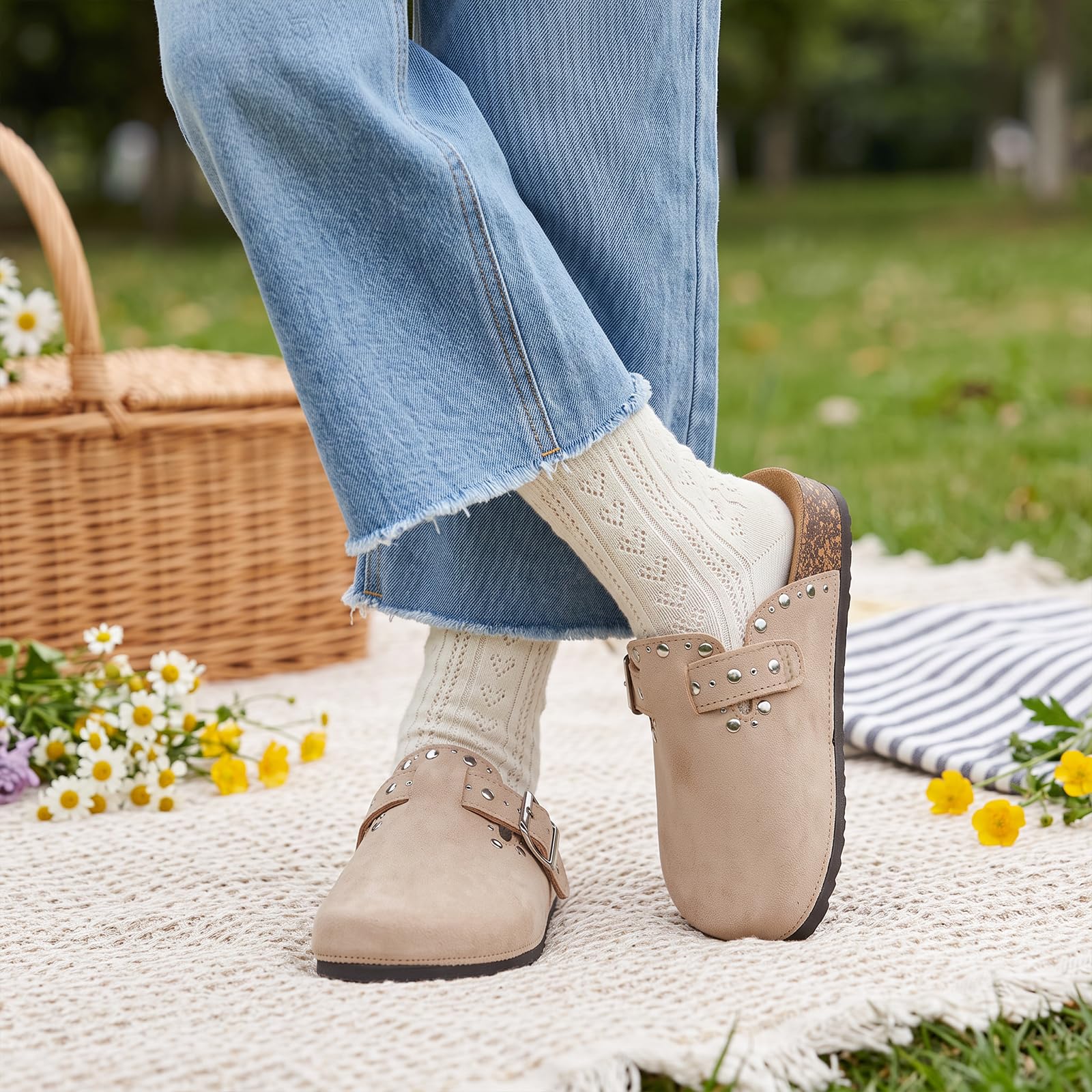 Remaches Ante Zuecos Niñas, Mules Niños con Corcho Plantilla