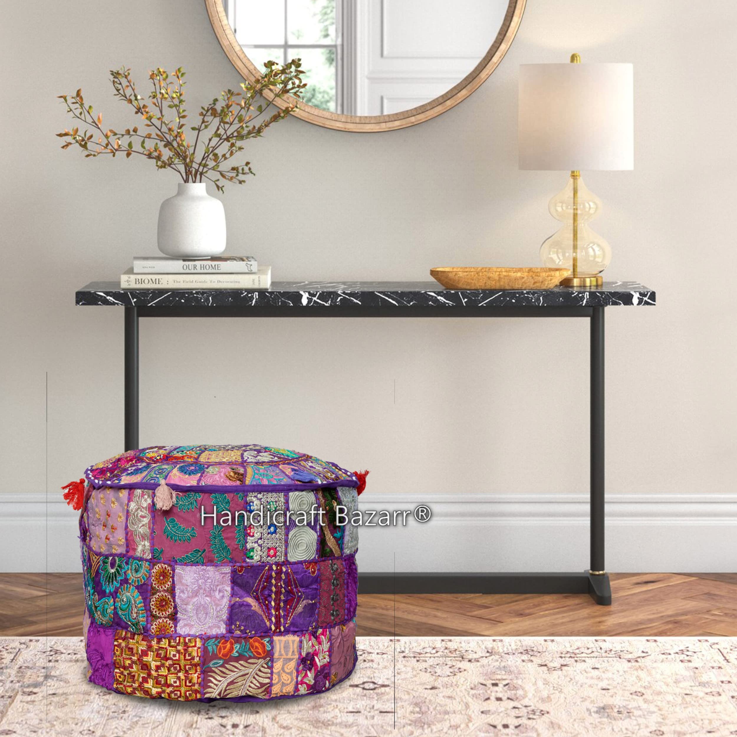 Handicraft Bazarr Rajasthani Mudda Cotton Bean Bag 16 Inch Patchwork Ottoman Embroidered Stool Pouf Cover Vintage Tassels Poufy Festival Decorative Round Pouf Wedding Decor Ottoman Cover (Purple)-image-16