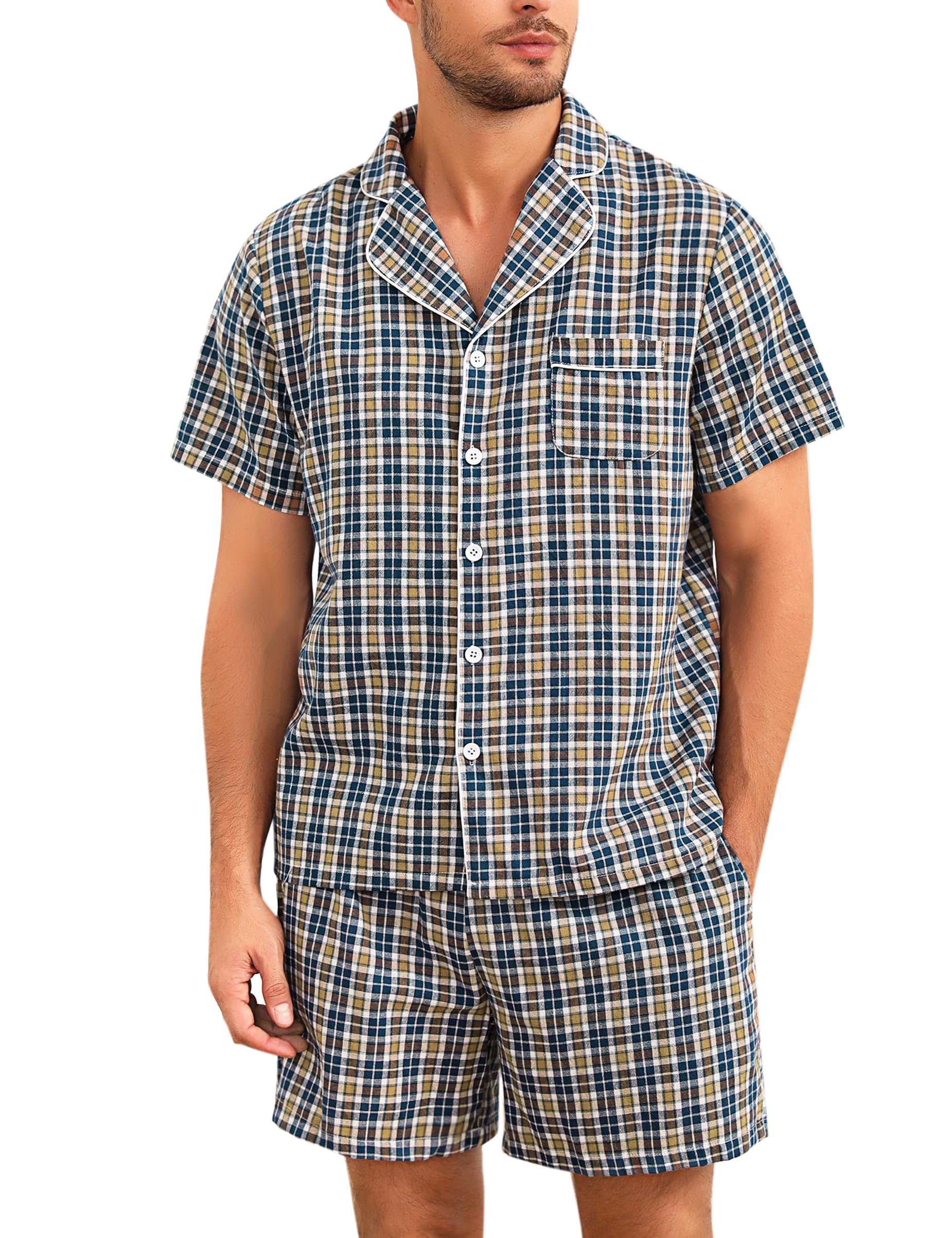 Męska piżama bawełniana krótka piżama lato krótki rękaw dwuczęściowa bielizna nocna Loungewear ze spodniami piżamowymi krótka S-XXL