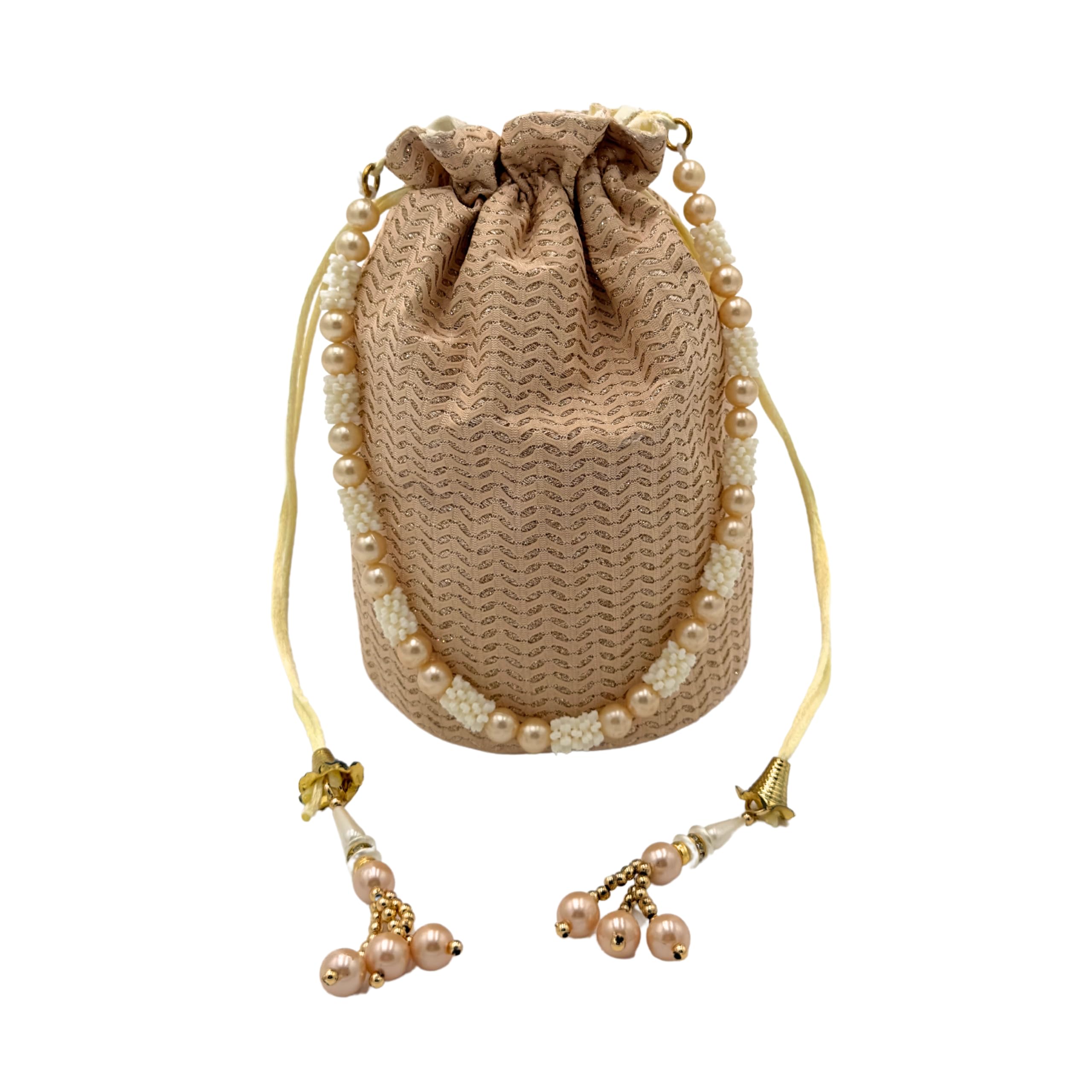 Craft Core Embroidered Potli Bag with Pearl Handle – Elegant and Royal Design for Stylish Storage And Gift Bags (Beige)