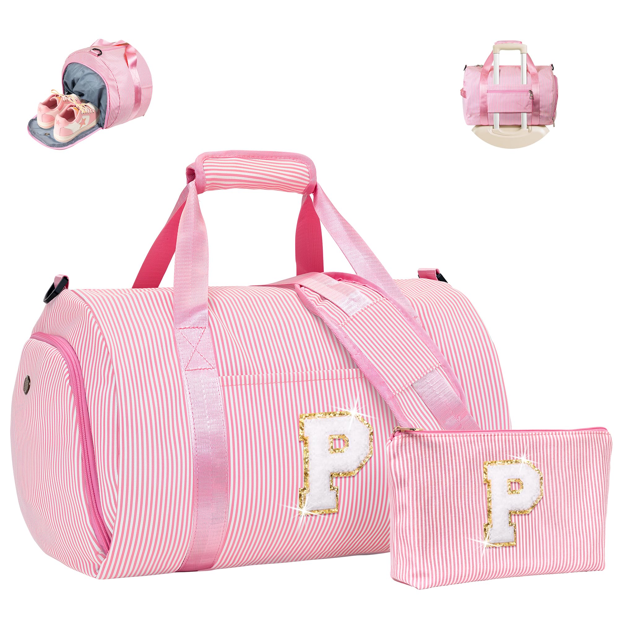Vogewood Gift for Teenager, Girls Travel Duffle Bag, Kids Initial Overnight Duffel Bags with Shoe Compartment, Personalized Weekender Bag with Makeup Pouch, Teen Girl Gifts Trendy Stuff, Pink, P