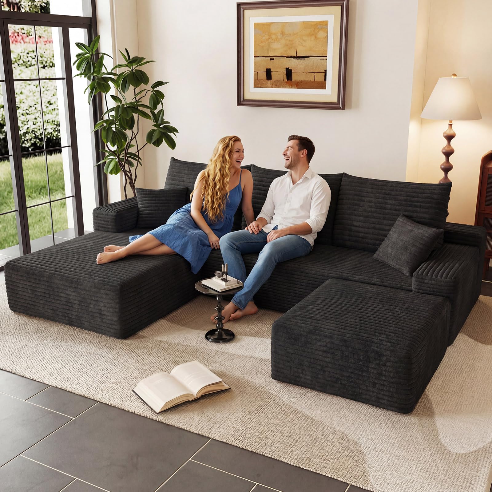 95" U-Shape Cloud Couch, Modern Modular Sectional L-Shape Sofa with Ottoman, Corduroy Upholstered Couches Deep Seat Sleeper Chaise Longue for Living Room, No Assembly Required(Black, Left Facing)
