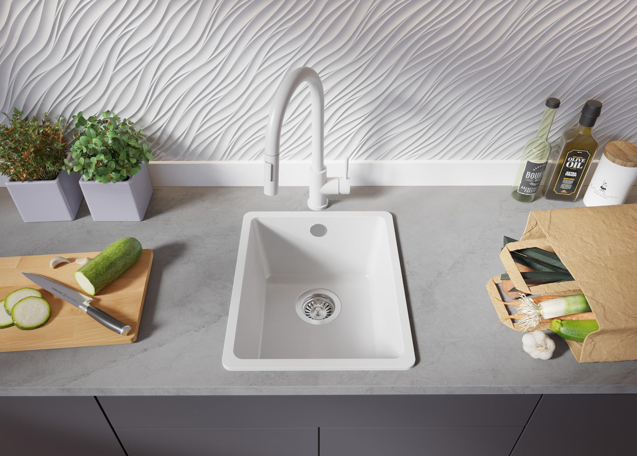 PRIMAGRAN Fregadero Cocina Blanco 36x44cm, Granito 1 Seno + Sifón, Sobre Encimera al Mueble 40cm - Venecia Easy Slim S002