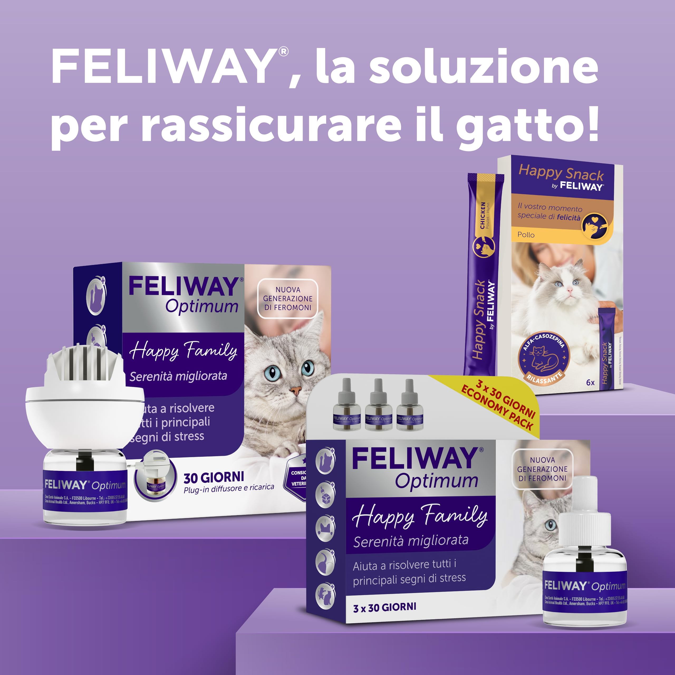 FELIWAY Optimum 3x30 Giorni di Ricariche Calmanti per Diffusore di Feromoni, Confezione da 3x48 ml – Aiuta a Risolvere Tutti i segni Comuni di Stress nei Gatti e Gattini, Raccomandato dai Veterinari