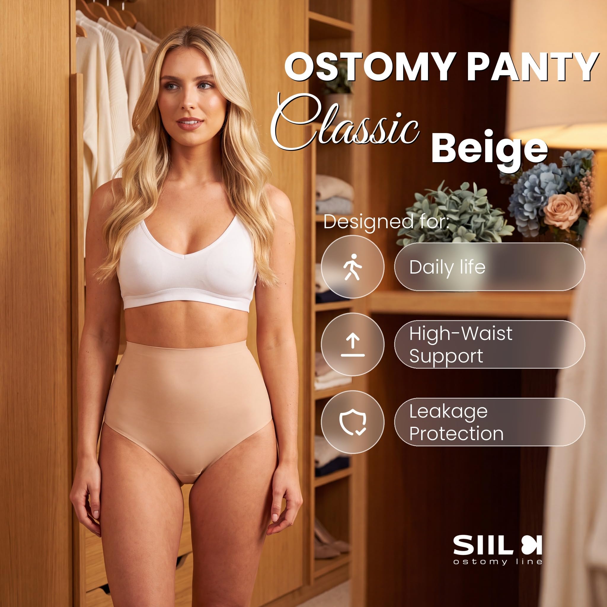 SIIL Bielizna stomijna dla kobiet, beżowa, na stomię, torby stomijne, XS-XXL, wyprodukowano w Europie