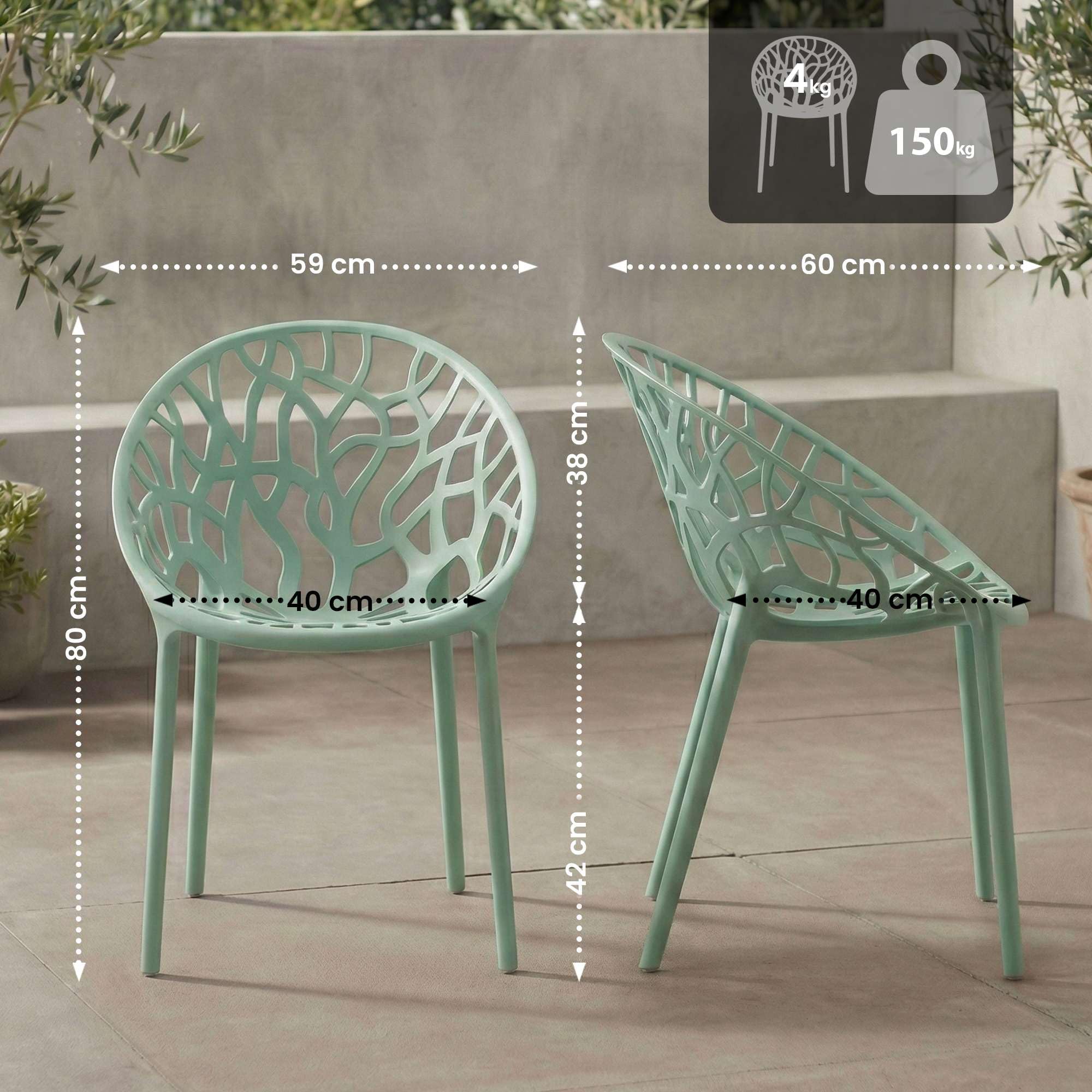 CLP Sedie da Giardino Hope, Set da 2 Impilabili, Resistenti Intemperie e Raggi UV, Poltroncine per Esterno in Plastica con Braccioli, Max 150 kg Colore:verde chiaro